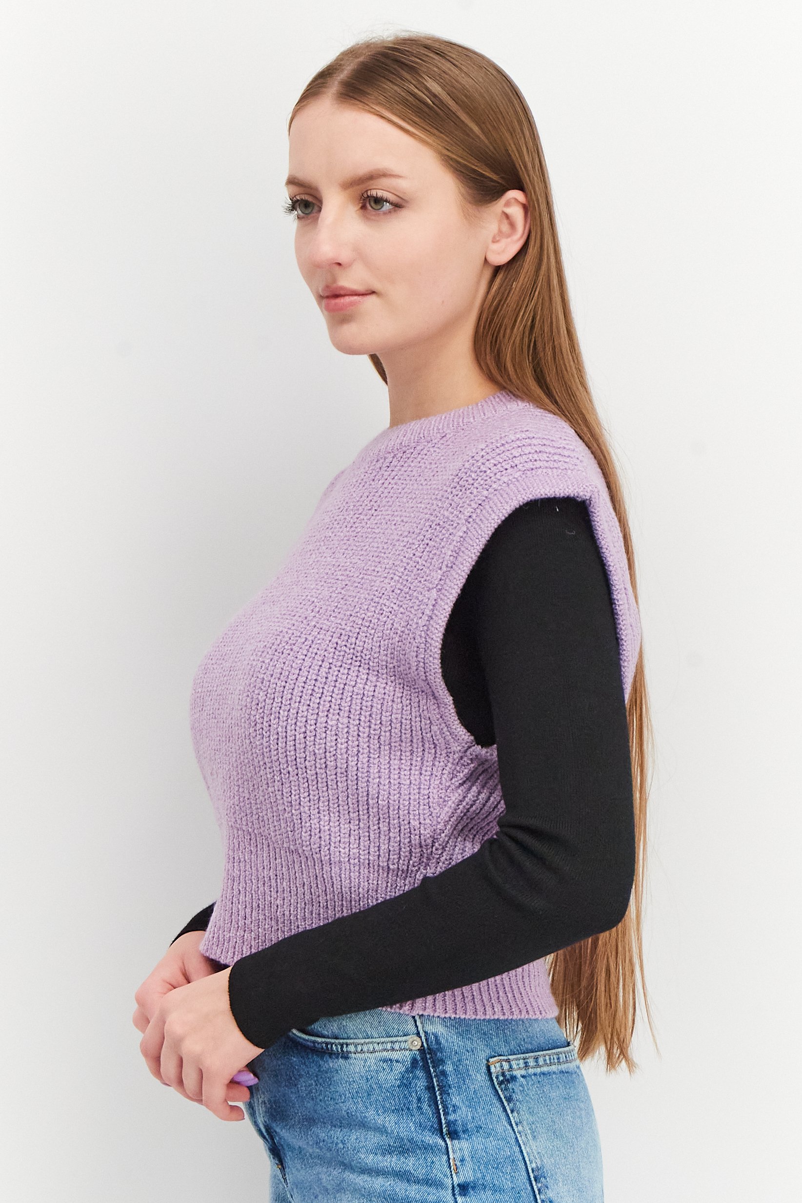 Women Crew Neck Knitted Sweater Vest, Light Purple