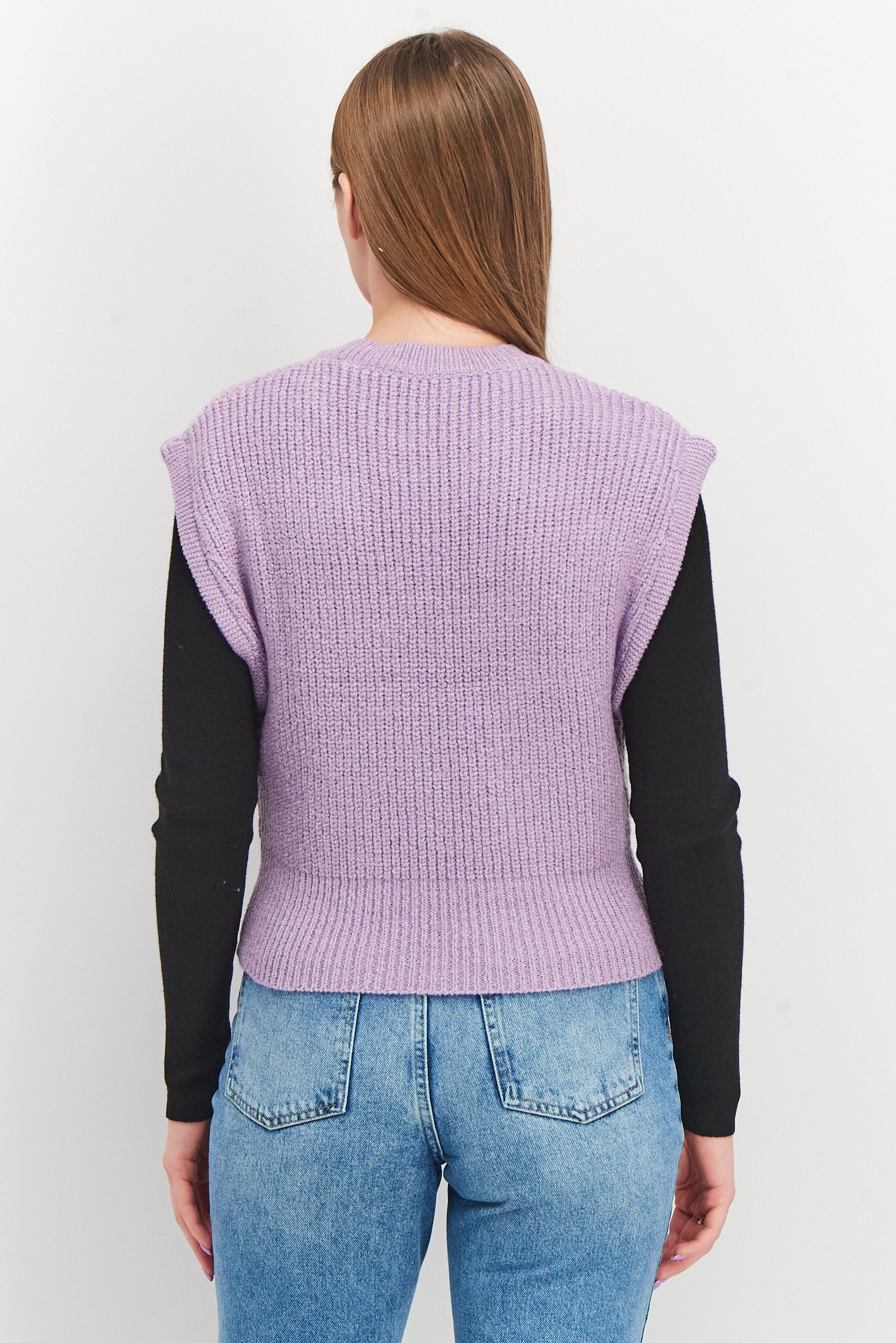 Women Crew Neck Knitted Sweater Vest, Light Purple
