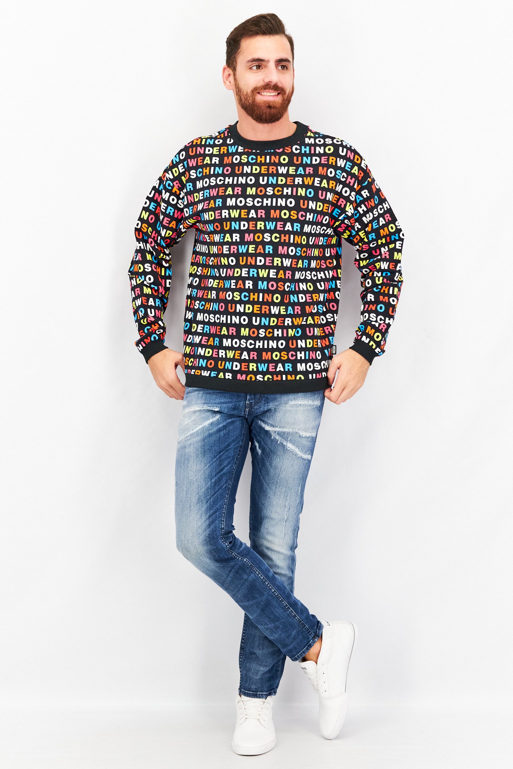 Men Crew Neck Long Sleeve Allover Print Sweatshirt, Black Combo