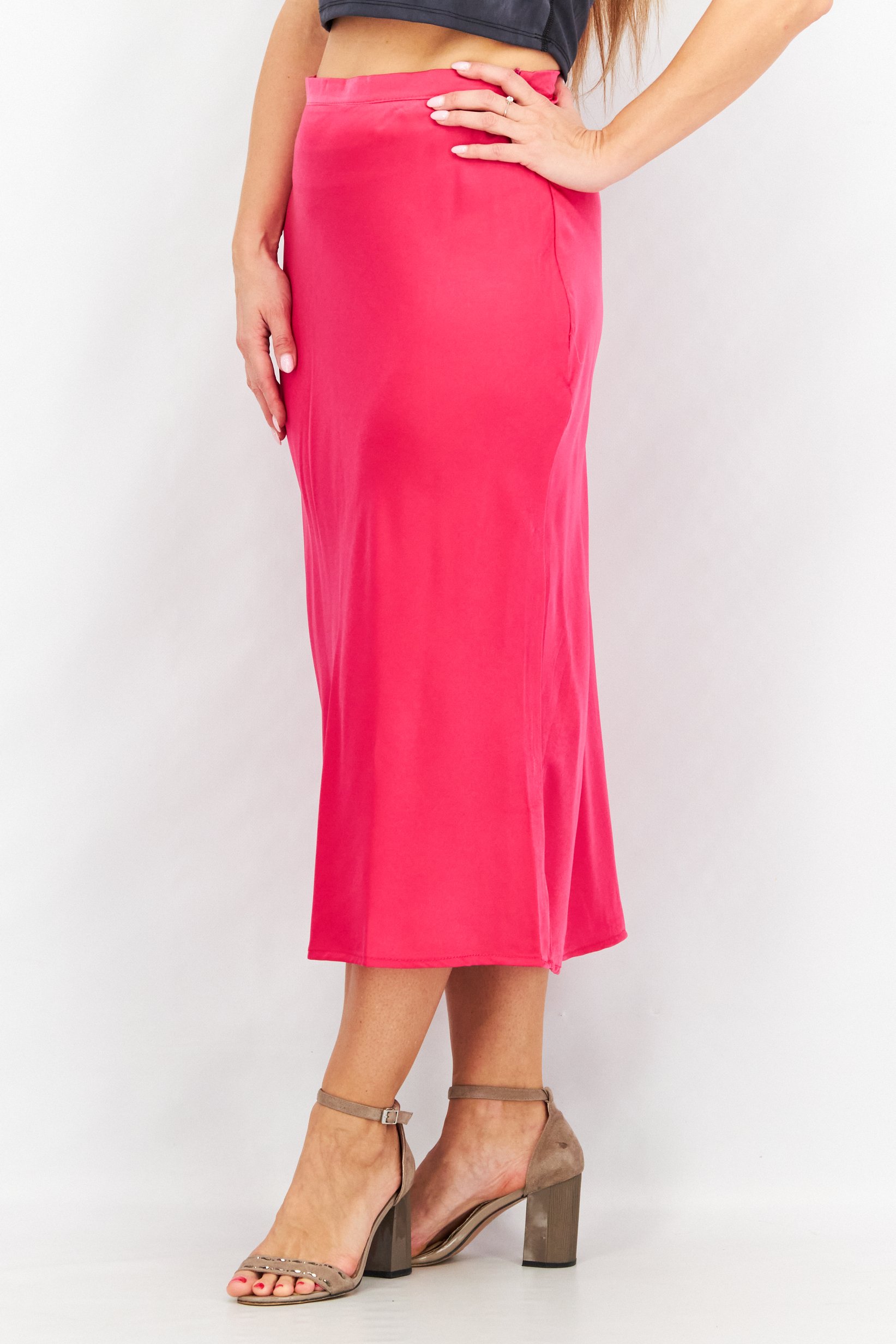 Women  Silky Casual Midi Skirt, Pink