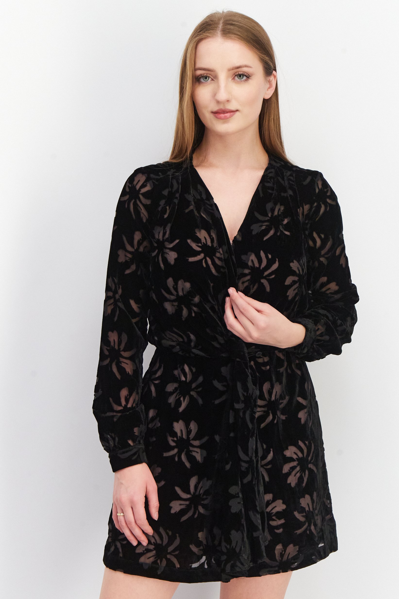 Women Textured Mini Wrap Up Dress, Black