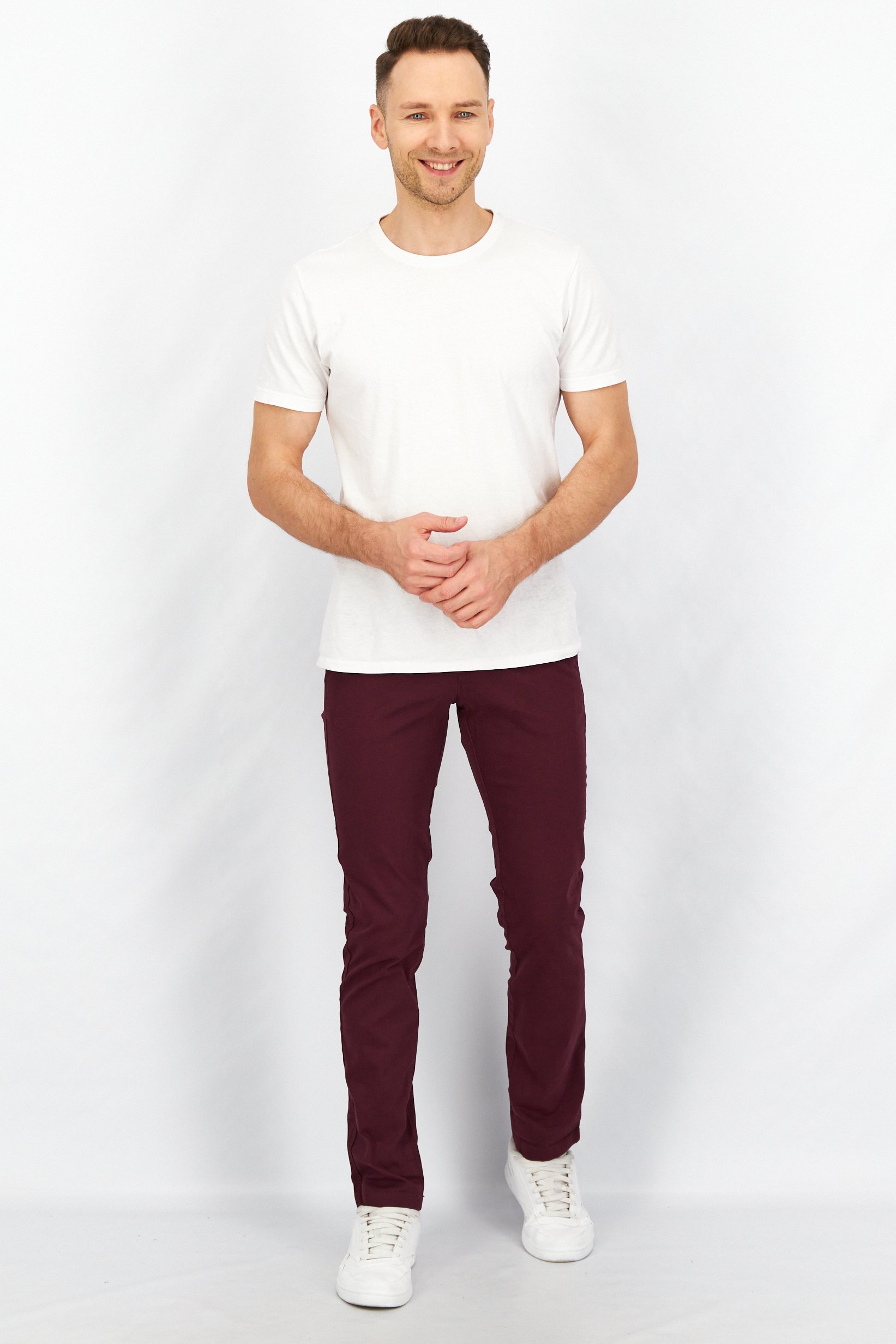 Men Slim Fit Plain Stretchable Chino Pants, Bordeaux