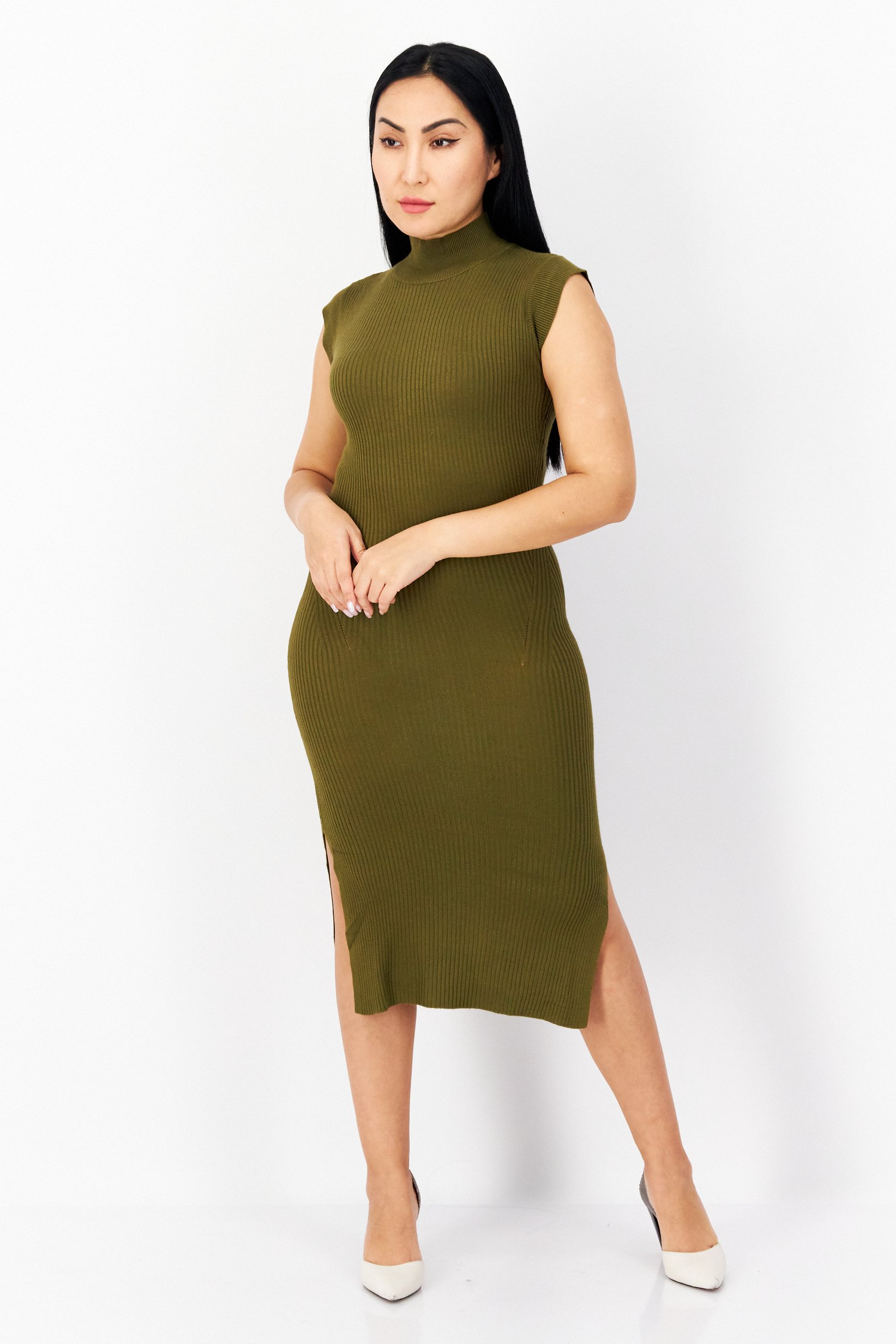 Women Ribbed Midi Dress, Dark Olive