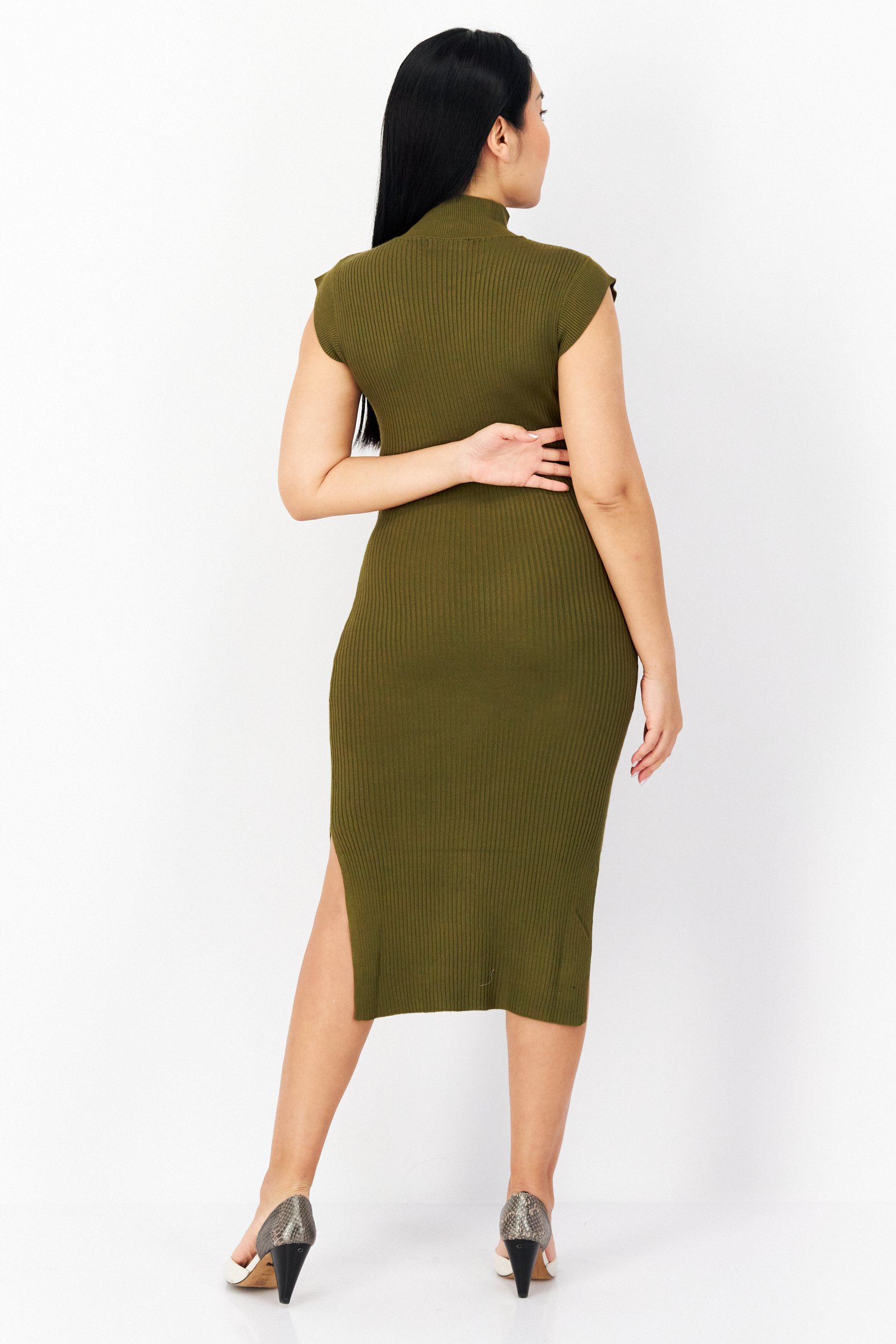 Women Ribbed Midi Dress, Dark Olive