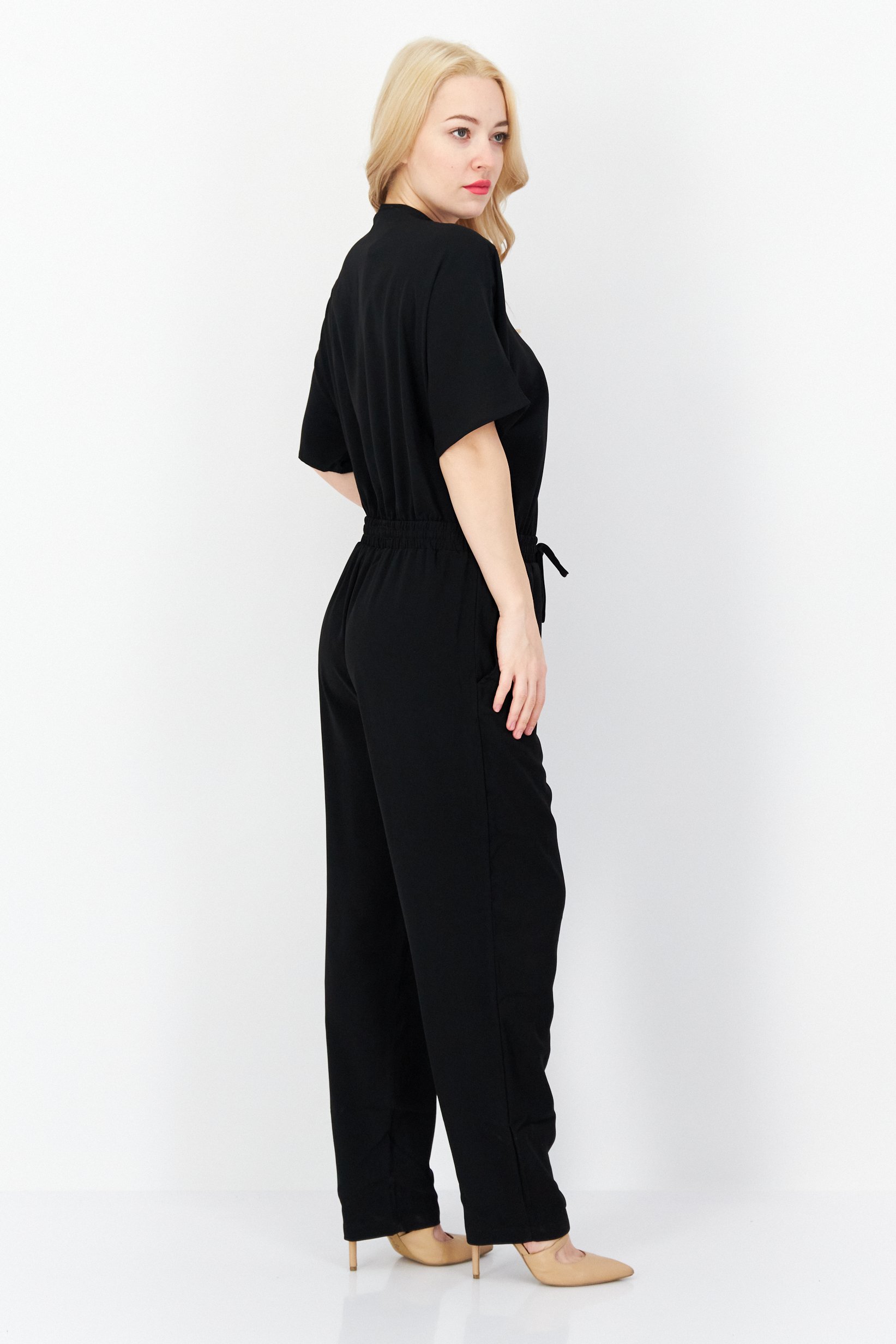 Women Plain Elastic Waist Short Sleeve Jumpsuit, Black