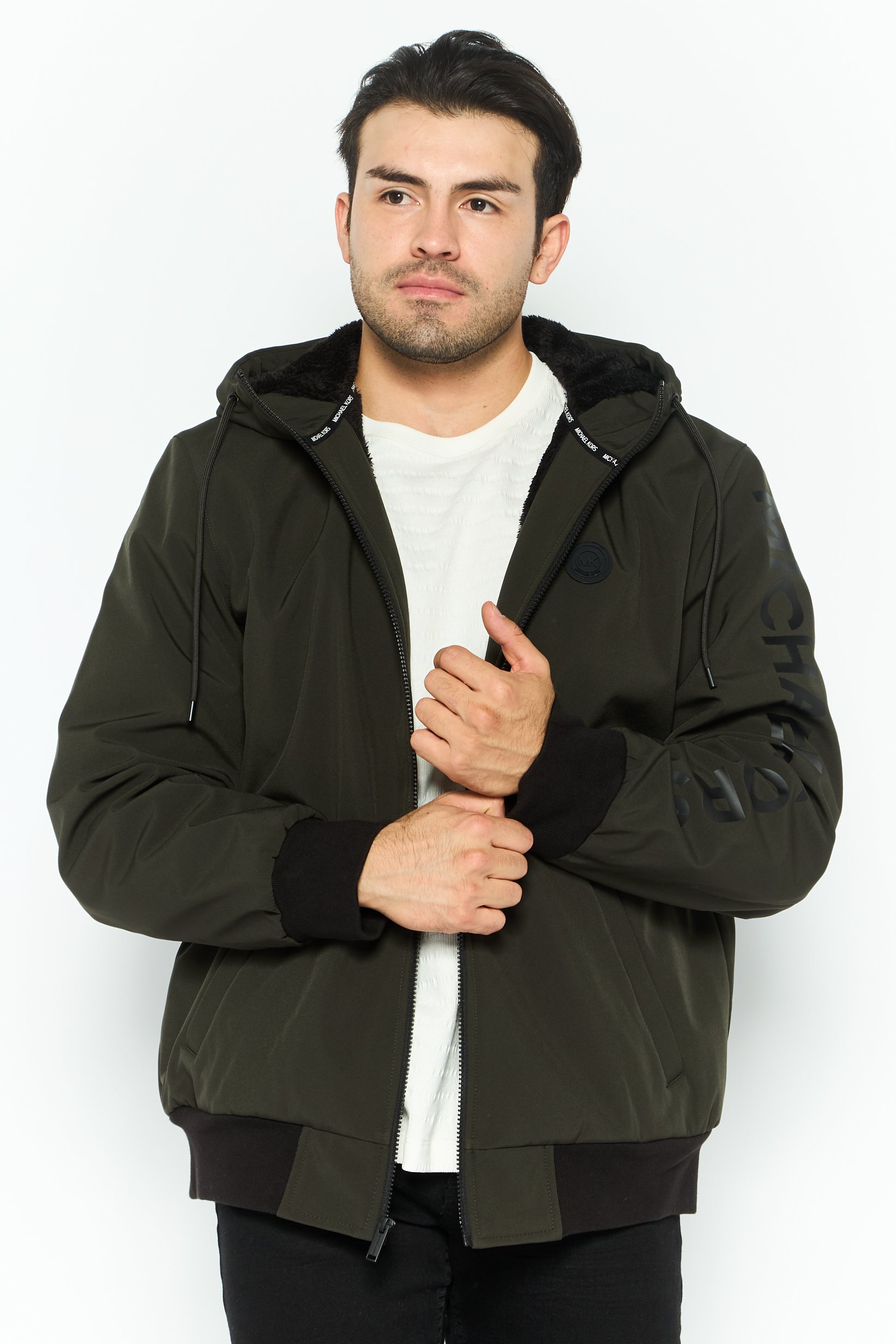 Men Brand Logo Hooded Parka Jacket, Olive