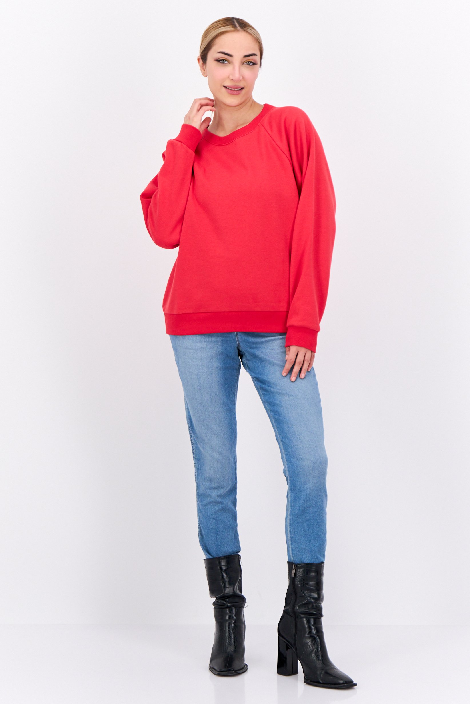 Women Crew Neck Long Sleeves Solid Sweatshirt, Red