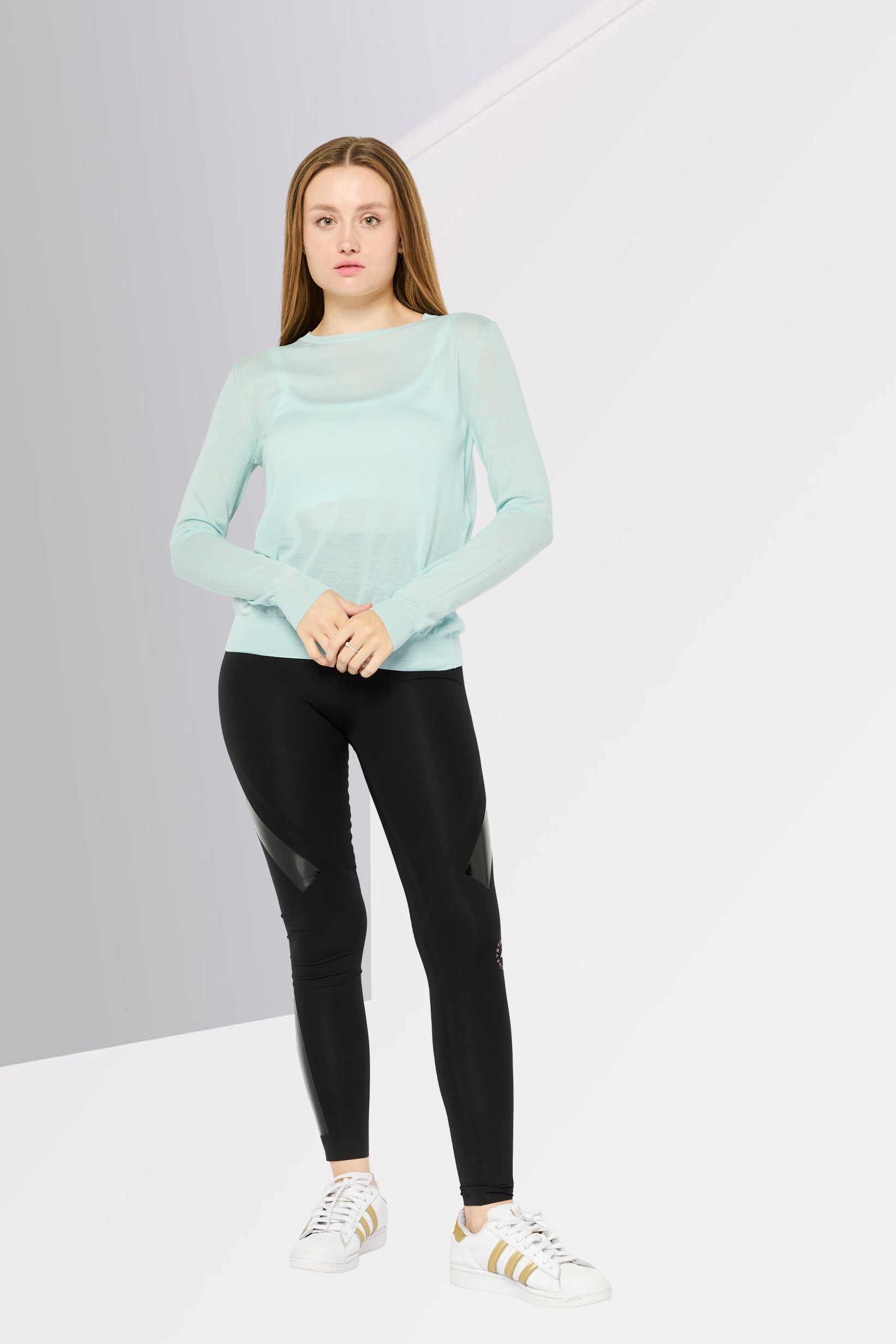 Women Crew Neck Long Sleeves Solid Top, Light Turquoise