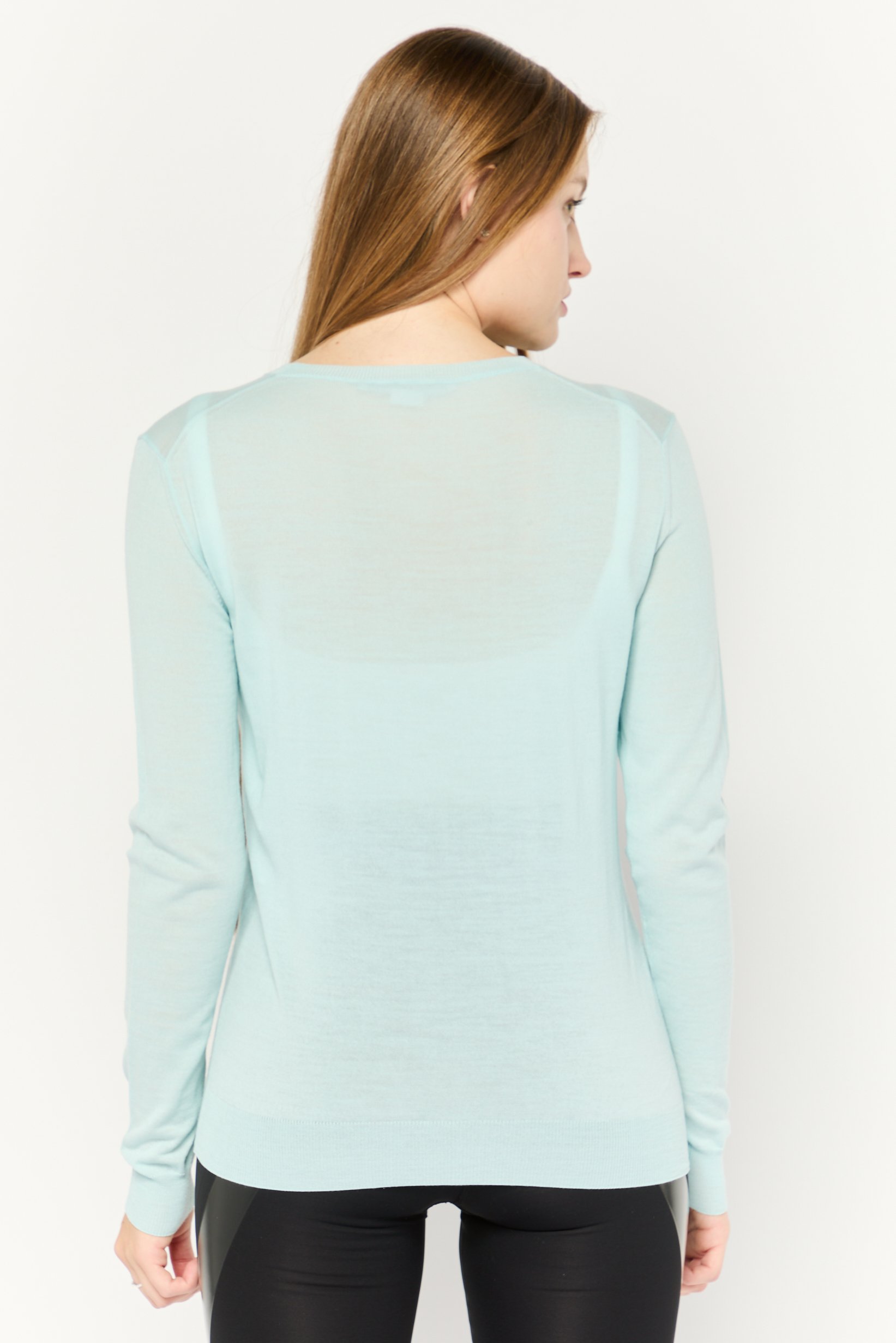 Women Crew Neck Long Sleeves Solid Top, Light Turquoise