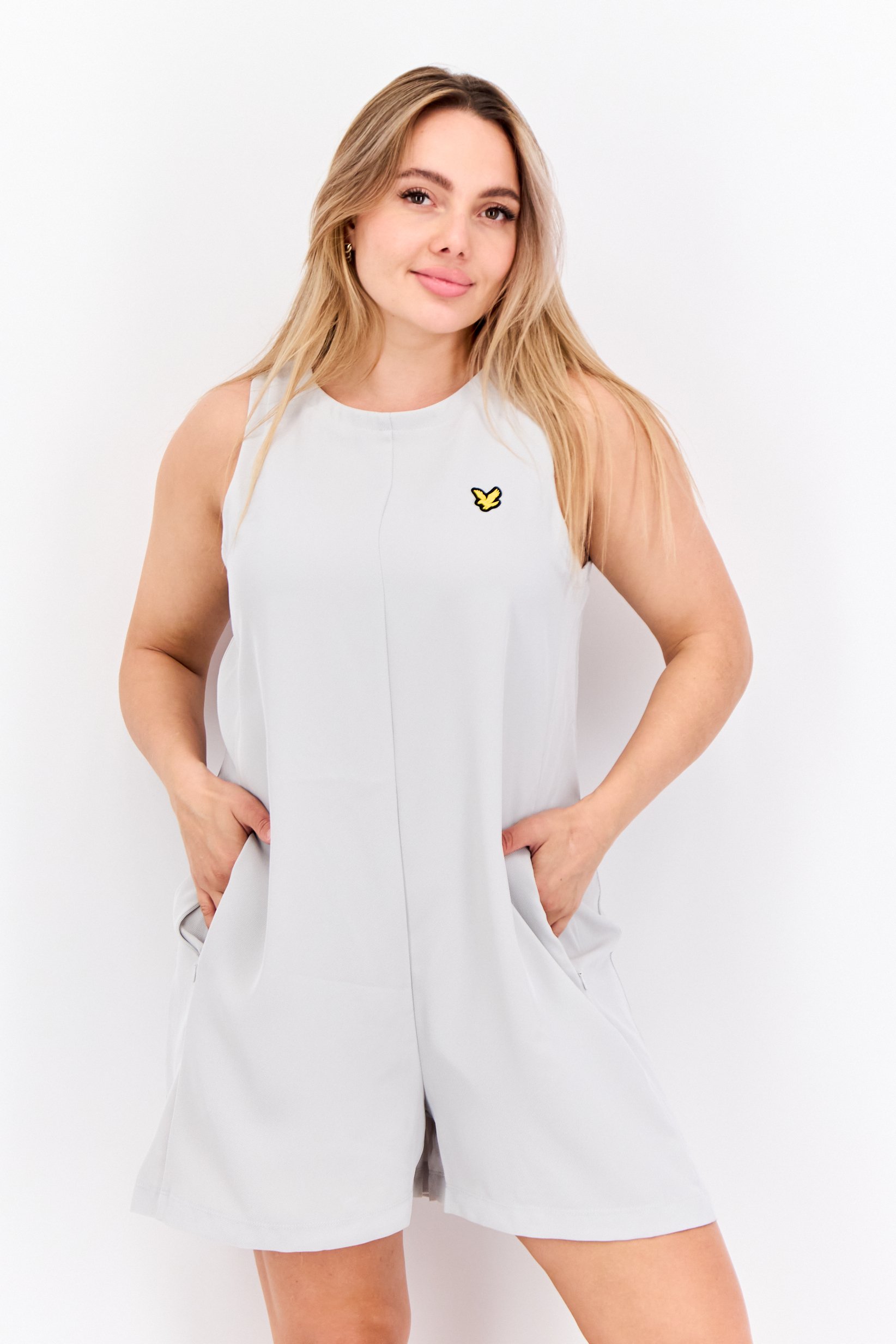 Women Embroidered Logo Sleeveless Playsuits, Light Grey