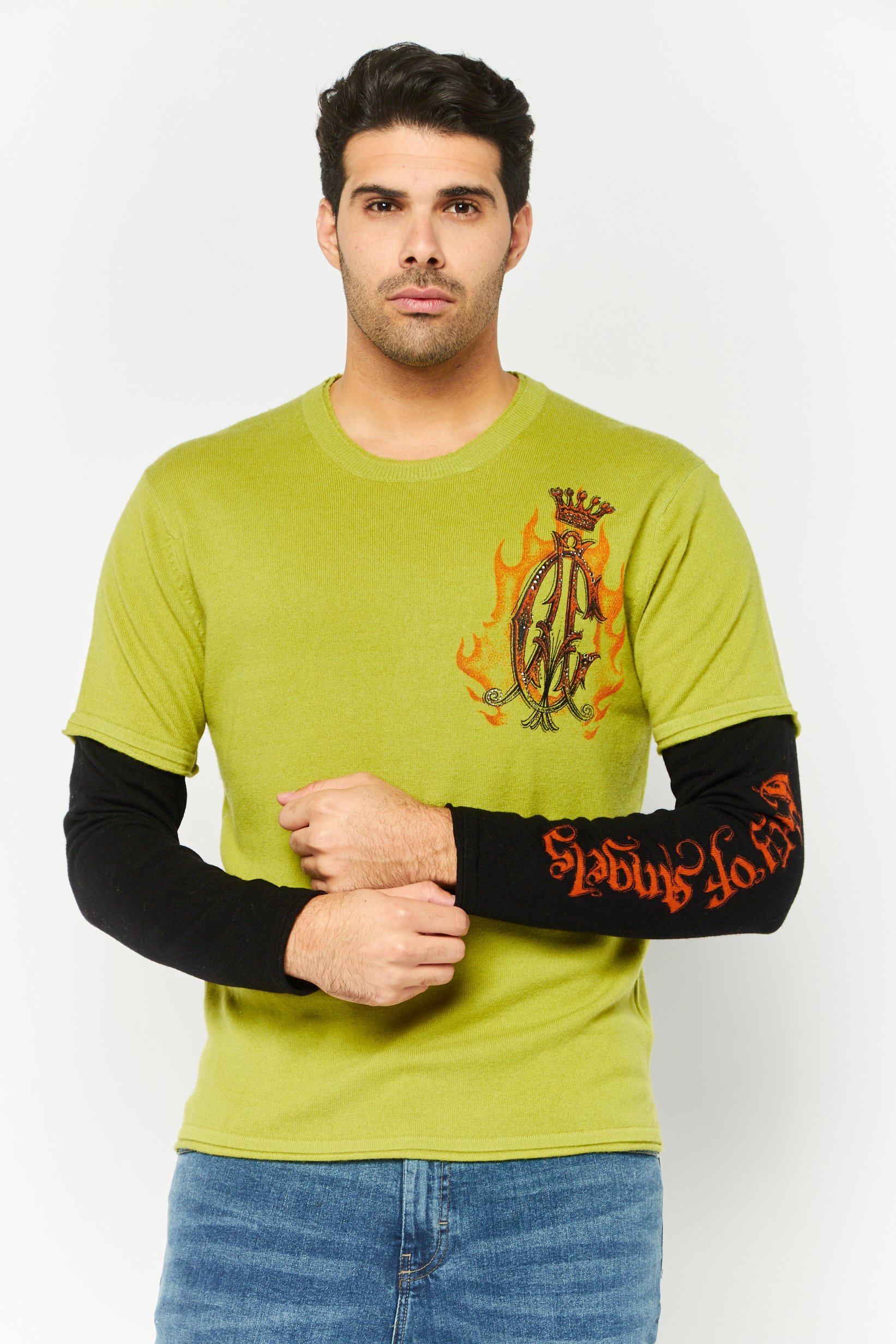 Men Round Neck Brand Logo Long Sleeve Sweater, Green