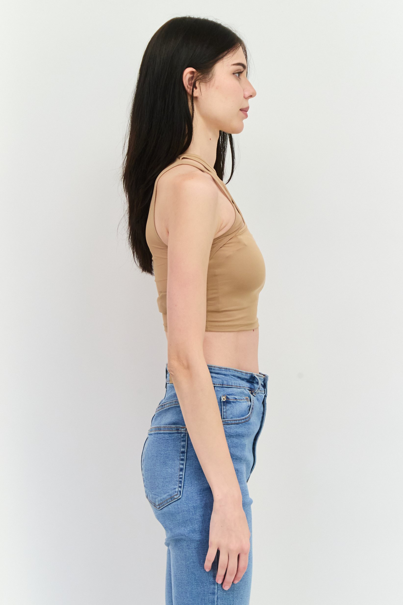 Women Crew Neck Sleeveless Plain Tank Tops, Tan
