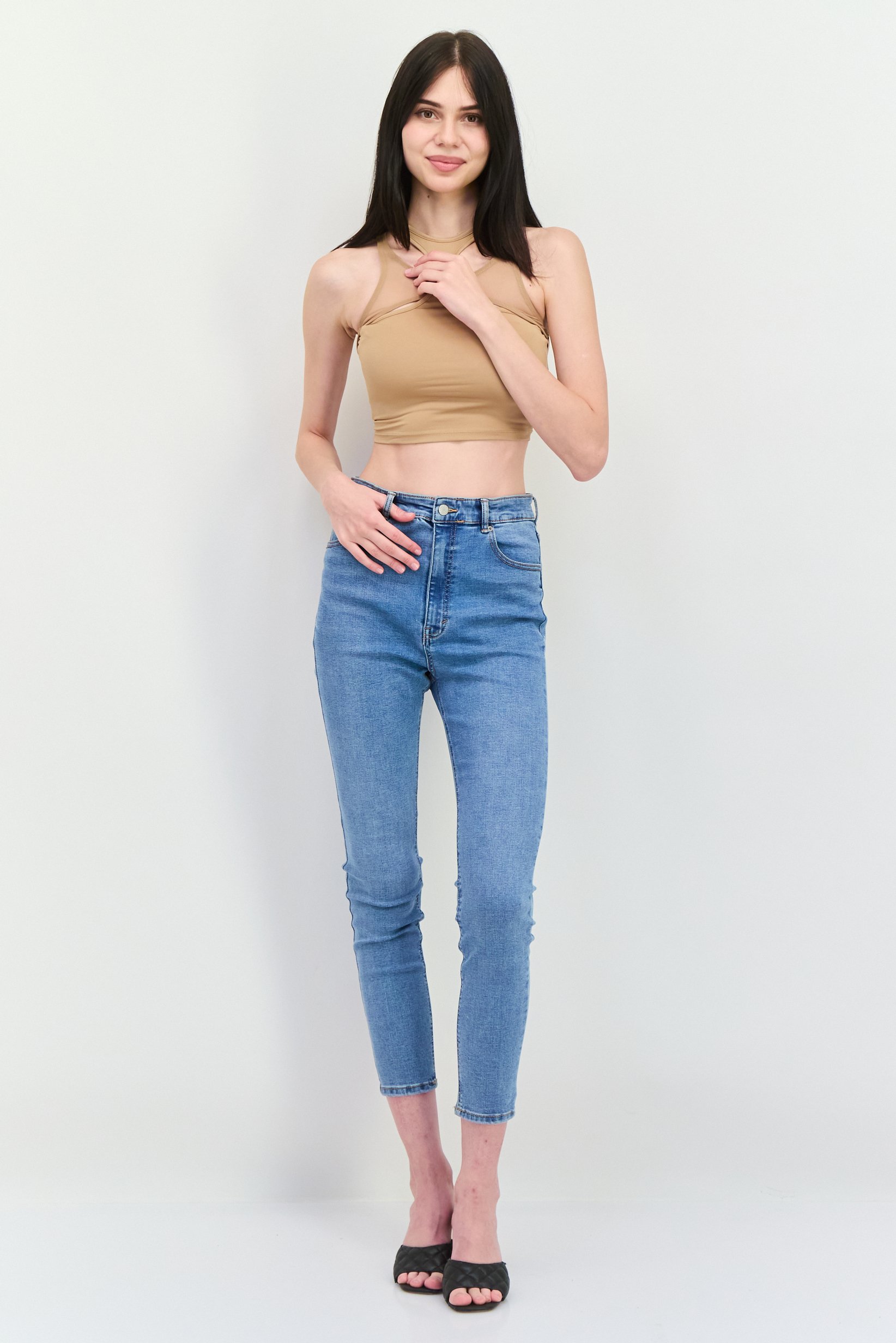 Women Crew Neck Sleeveless Plain Tank Tops, Tan