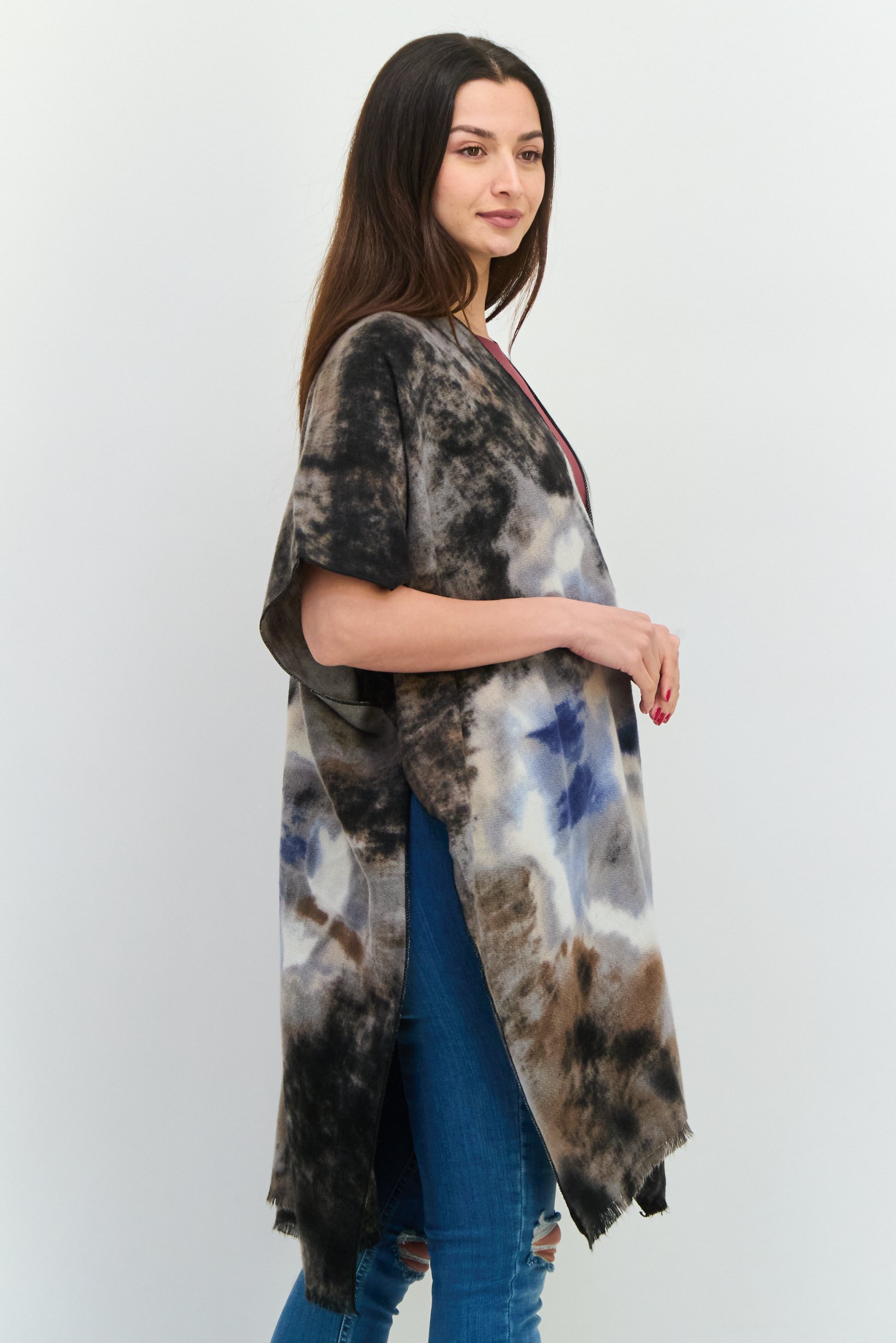 Women Split Neck Tie Dye Poncho, Multicolor