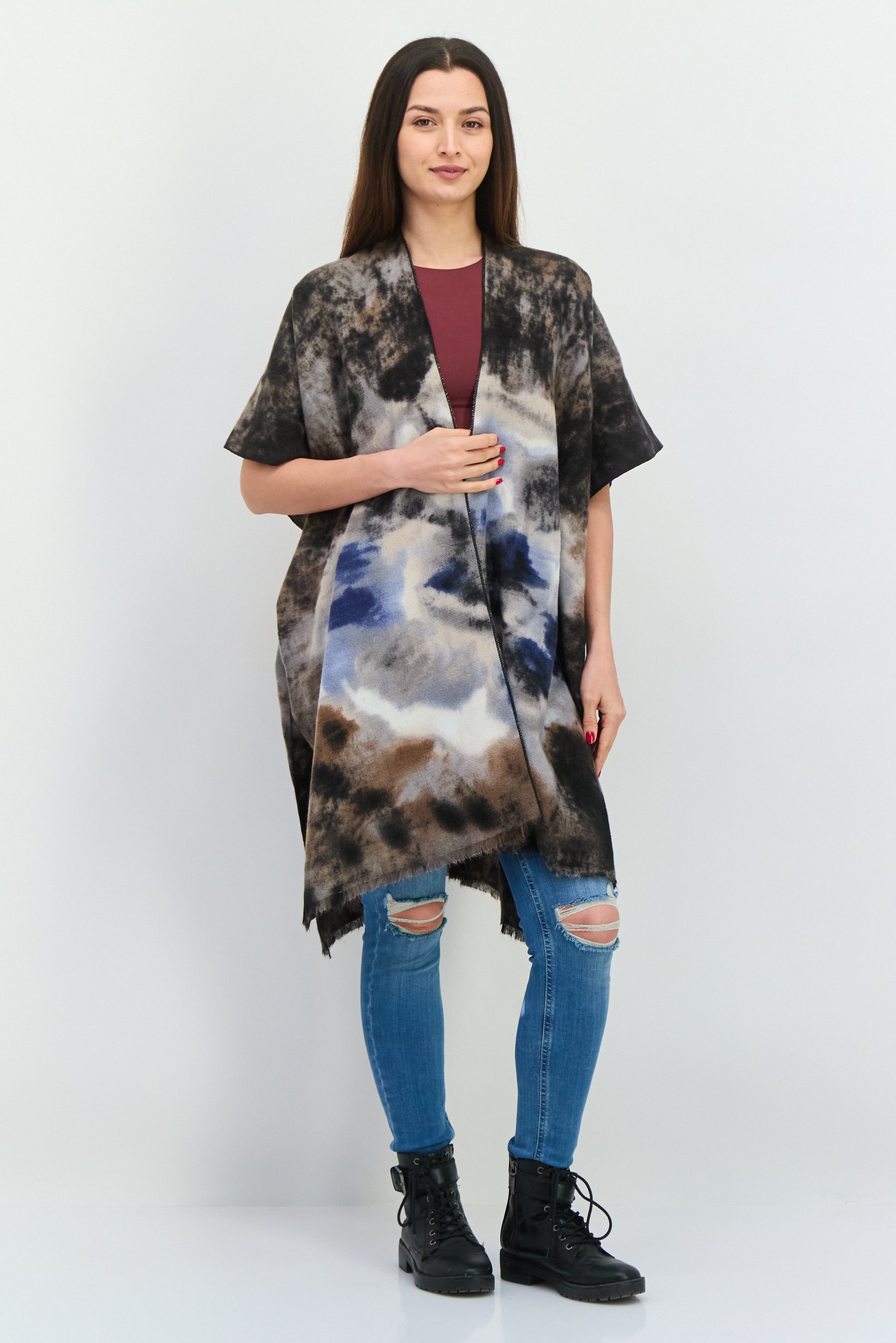 Women Split Neck Tie Dye Poncho, Multicolor