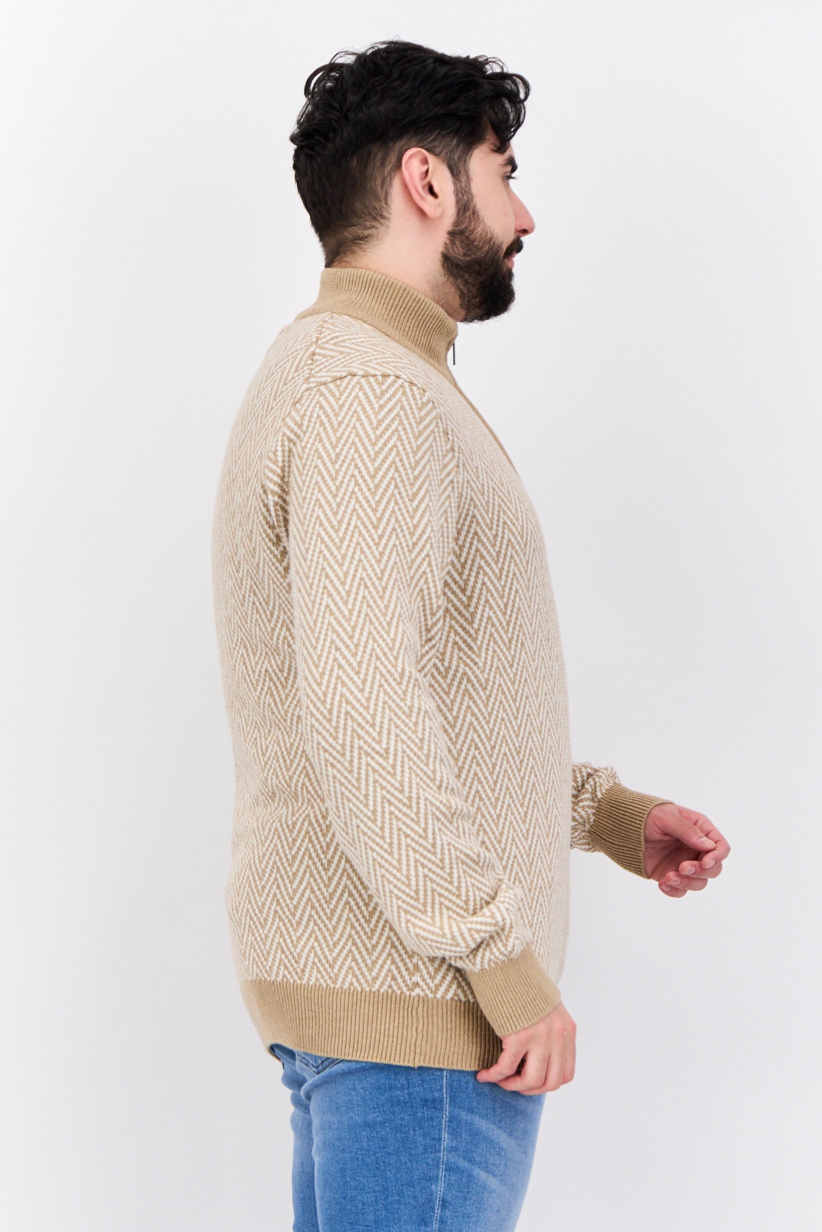 Men Mock Neck Long Sleeves Herringbone Pattern Sweater, Tan