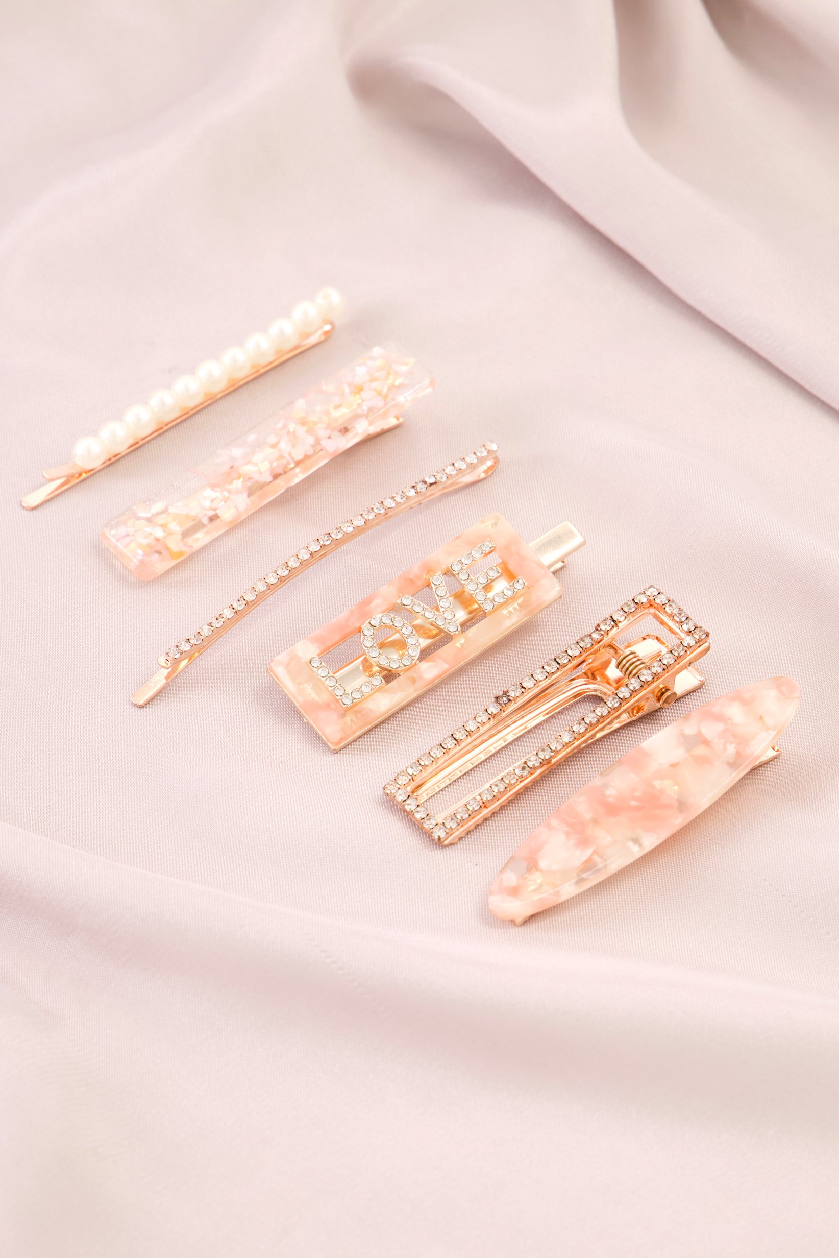 6 Piece Rhinestone And Pearl Bobby Pin Set, Pink/Gold