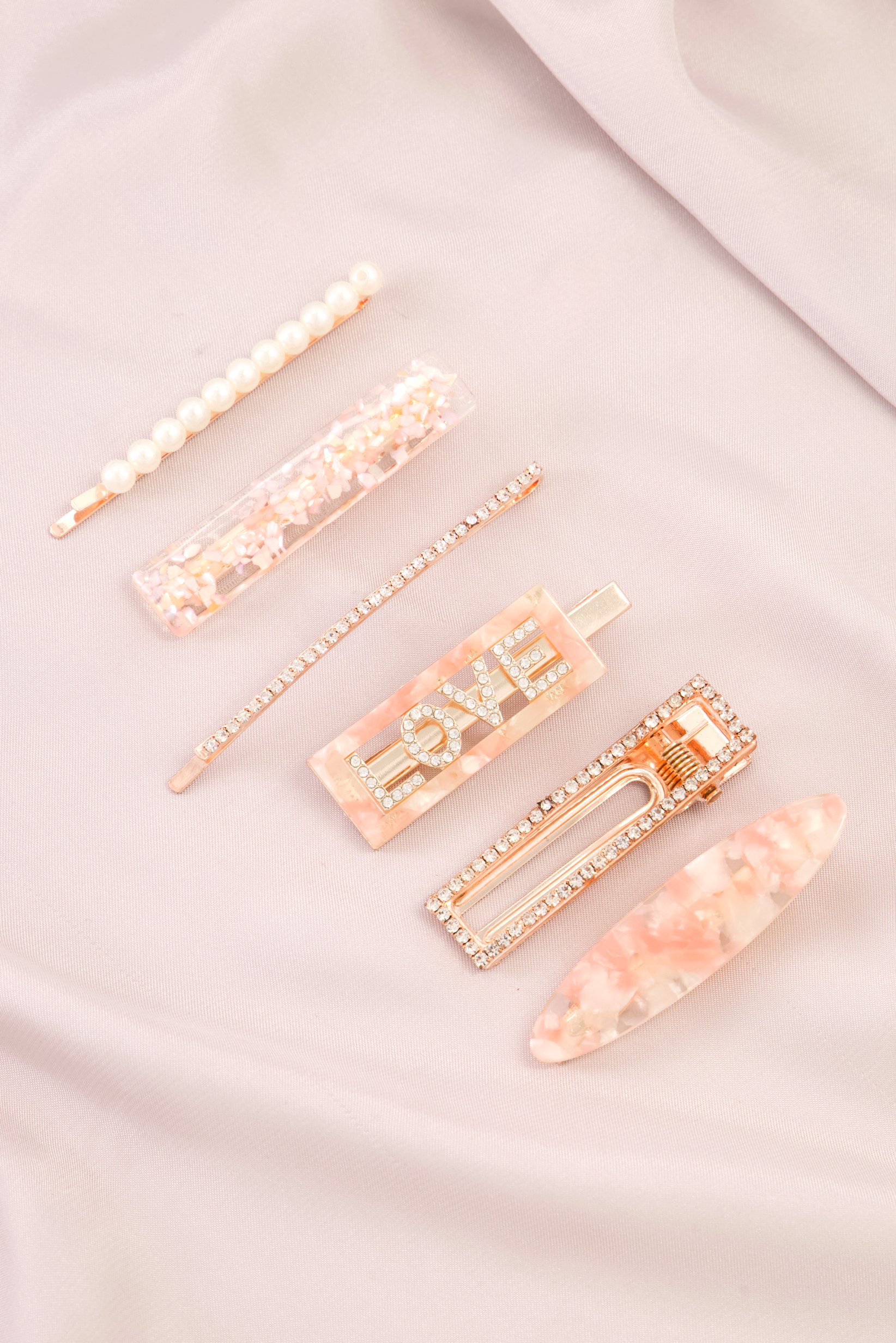 6 Piece Rhinestone And Pearl Bobby Pin Set, Pink/Gold