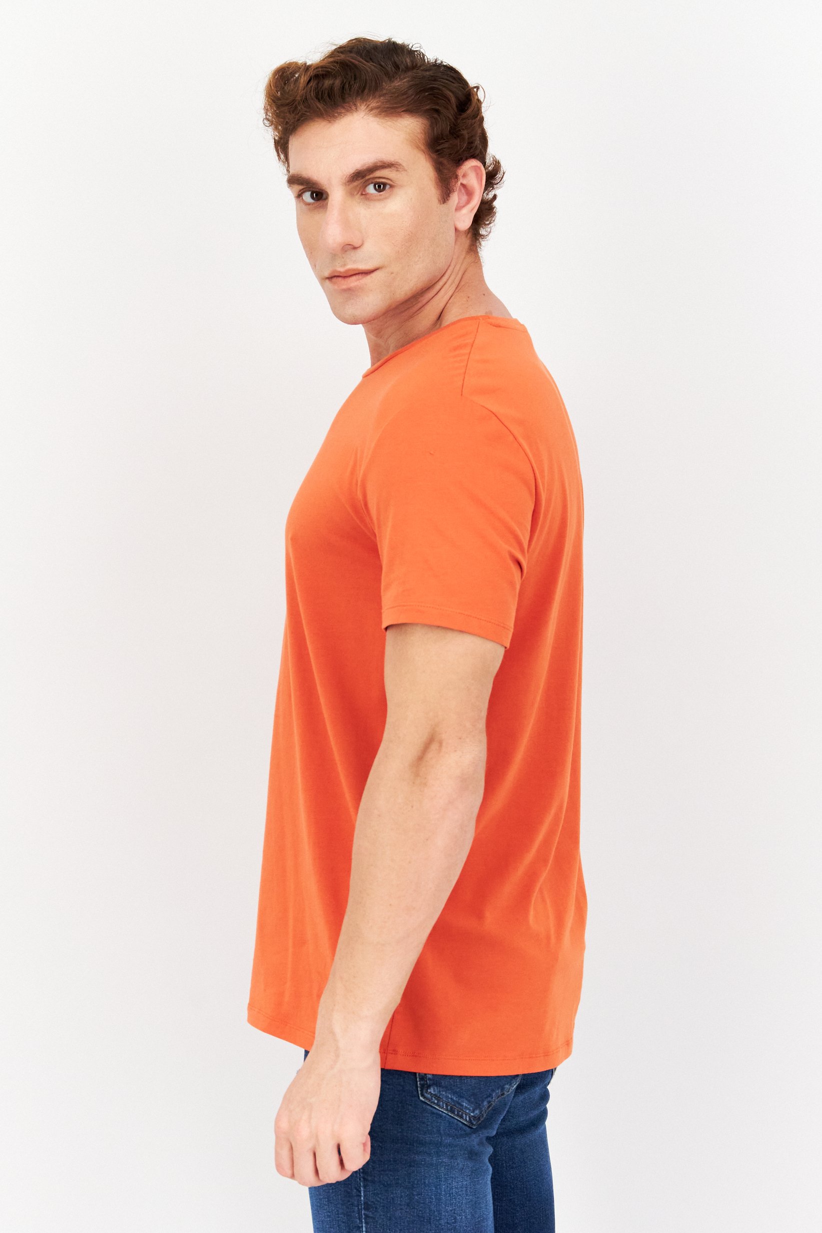 Men Crew Neck Short Sleeves Plain T-Shirt, Orange