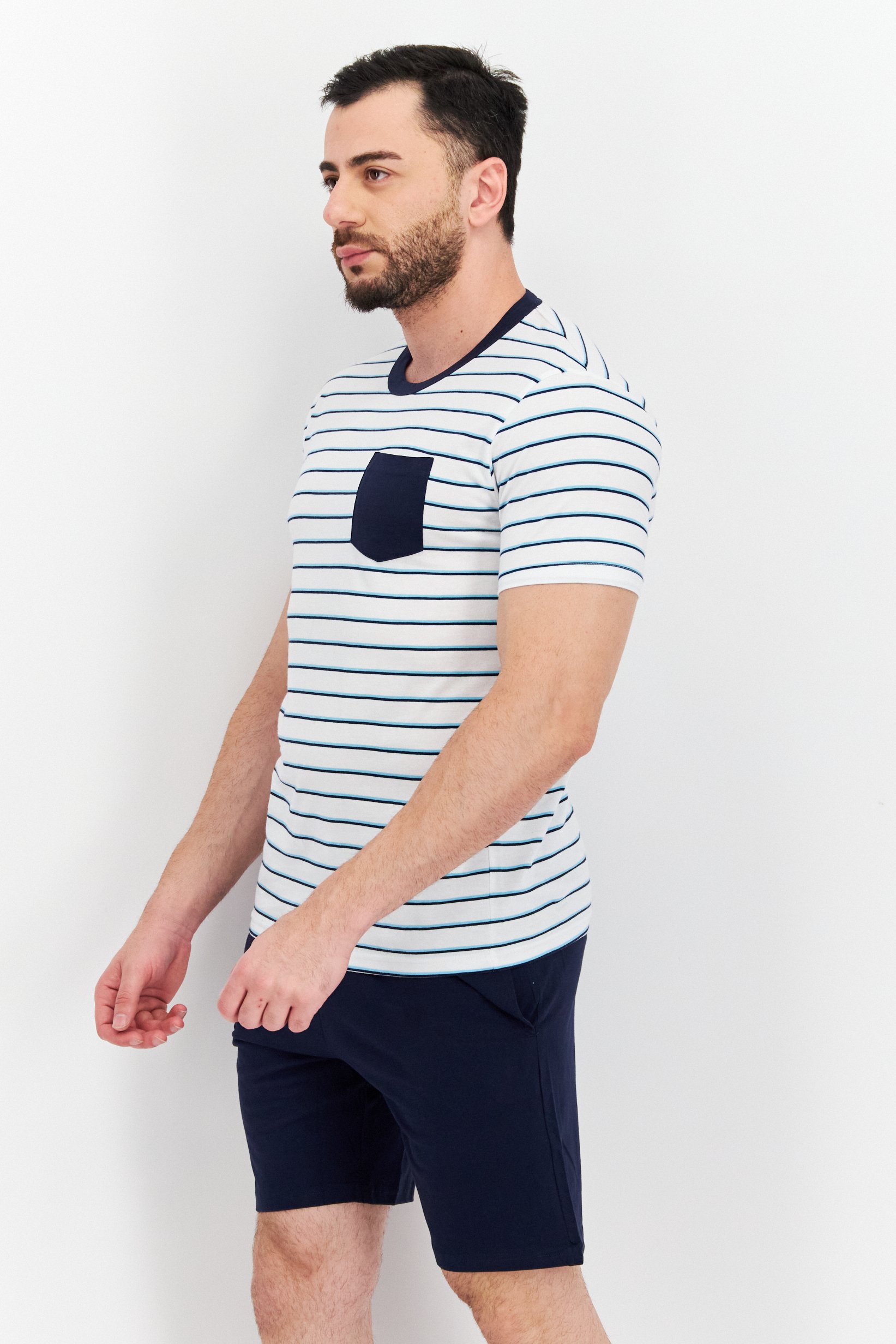 Men 2 Pieces Stripe Top And Plain Sleepwear Set, White/Navy
