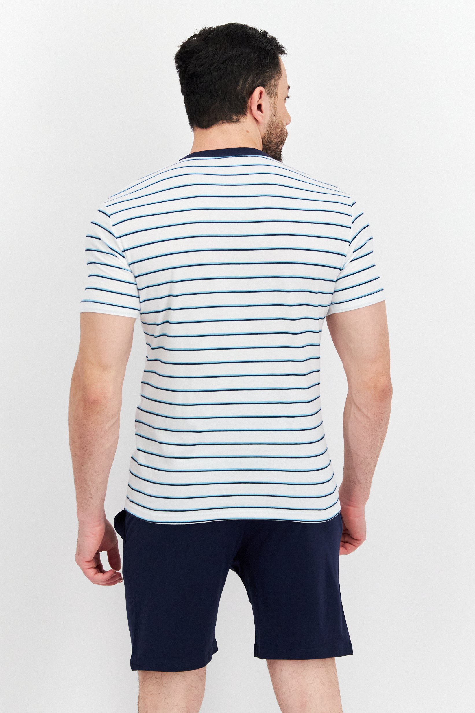 Men 2 Pieces Stripe Top And Plain Sleepwear Set, White/Navy