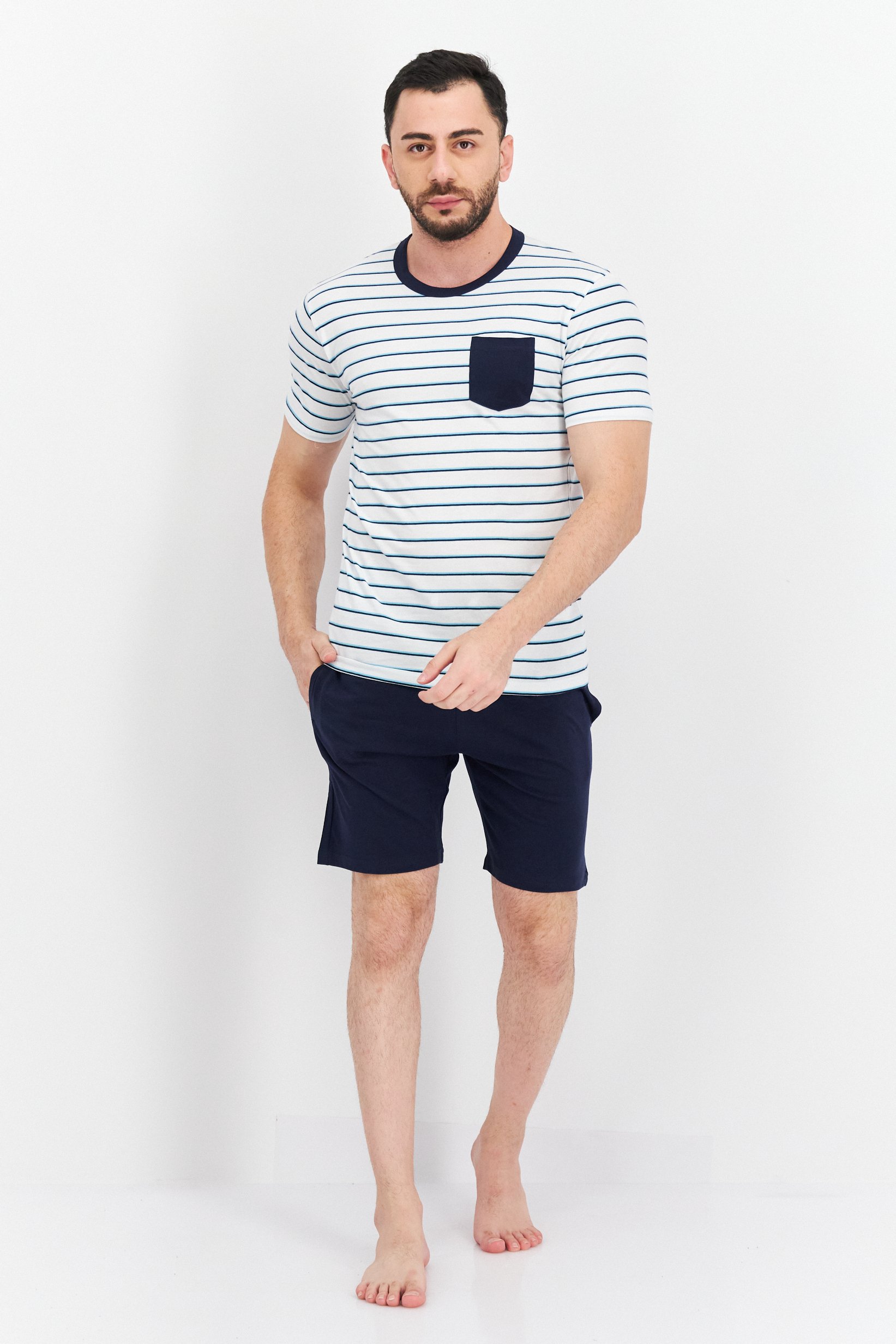 Men 2 Pieces Stripe Top And Plain Sleepwear Set, White/Navy