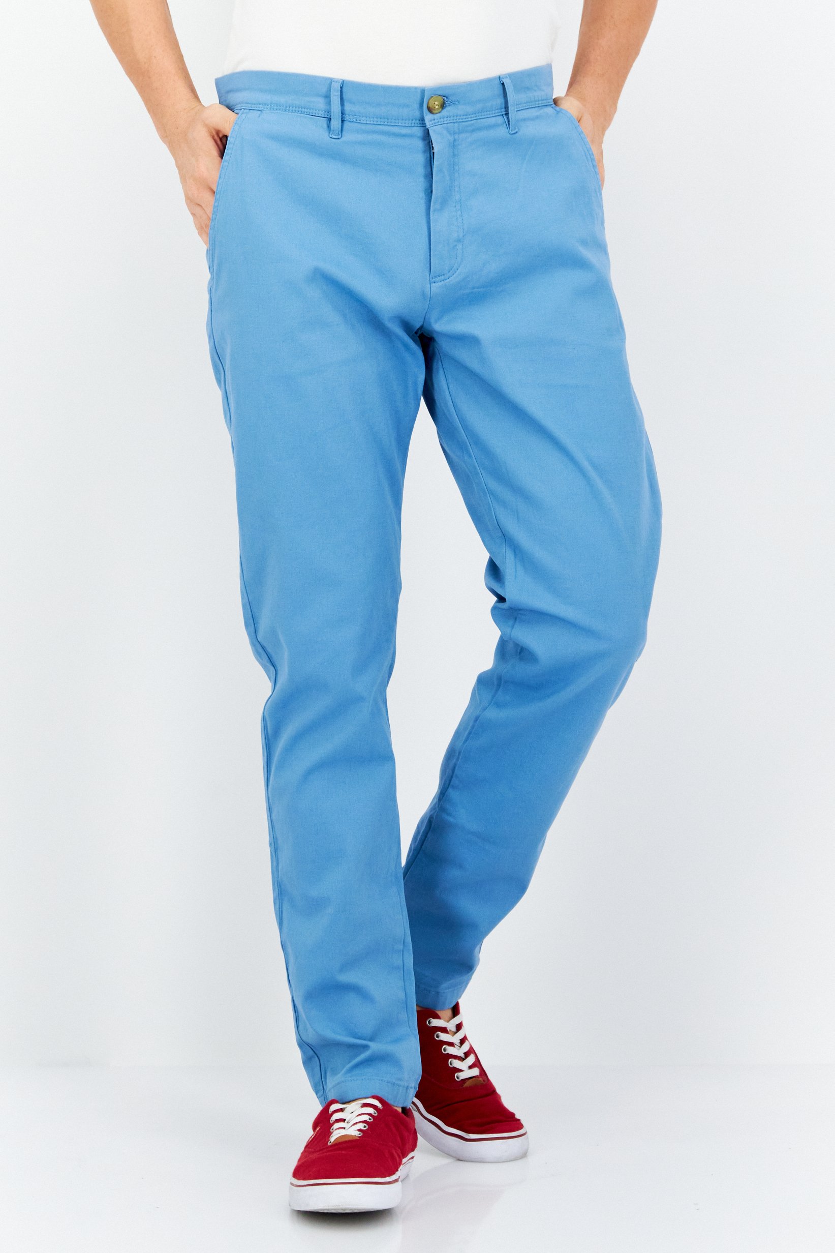 Men Slim Fit Solid Chino Pants, Light Blue