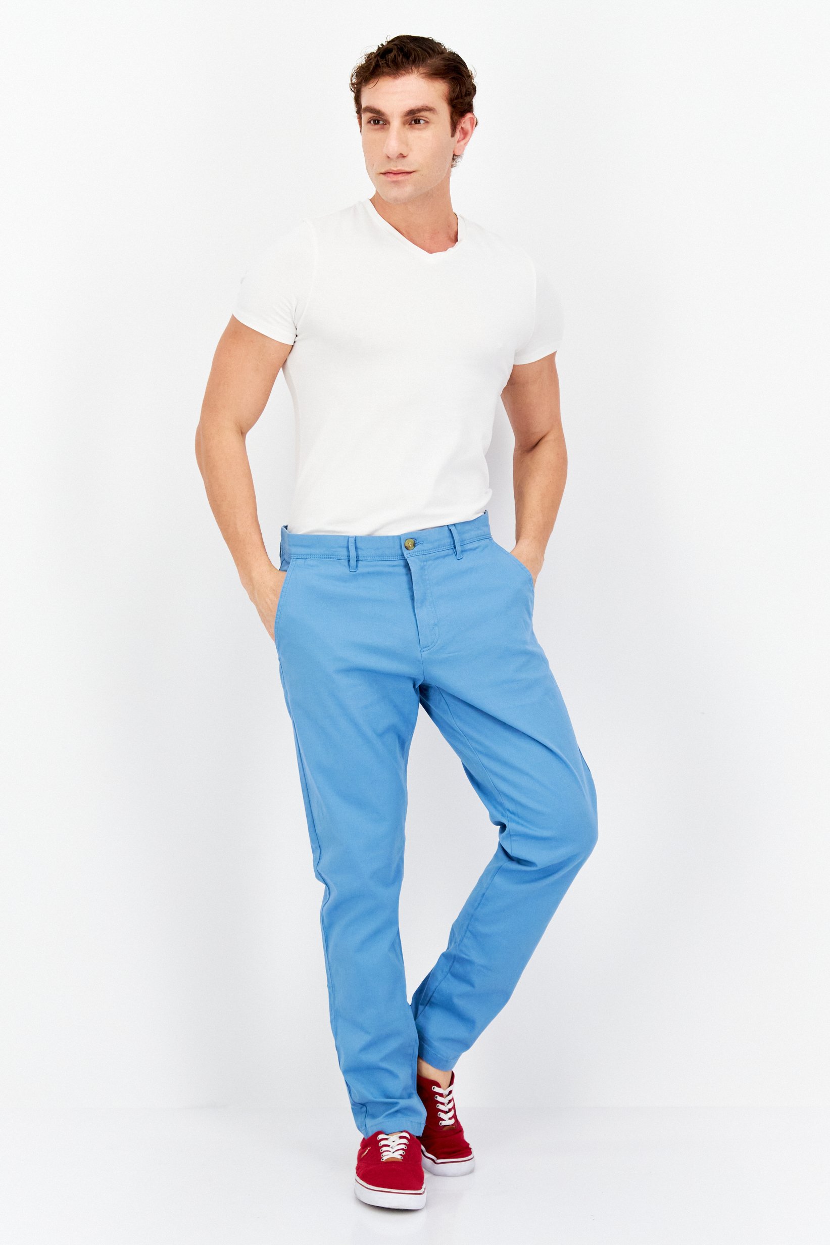 Men Slim Fit Solid Chino Pants, Light Blue