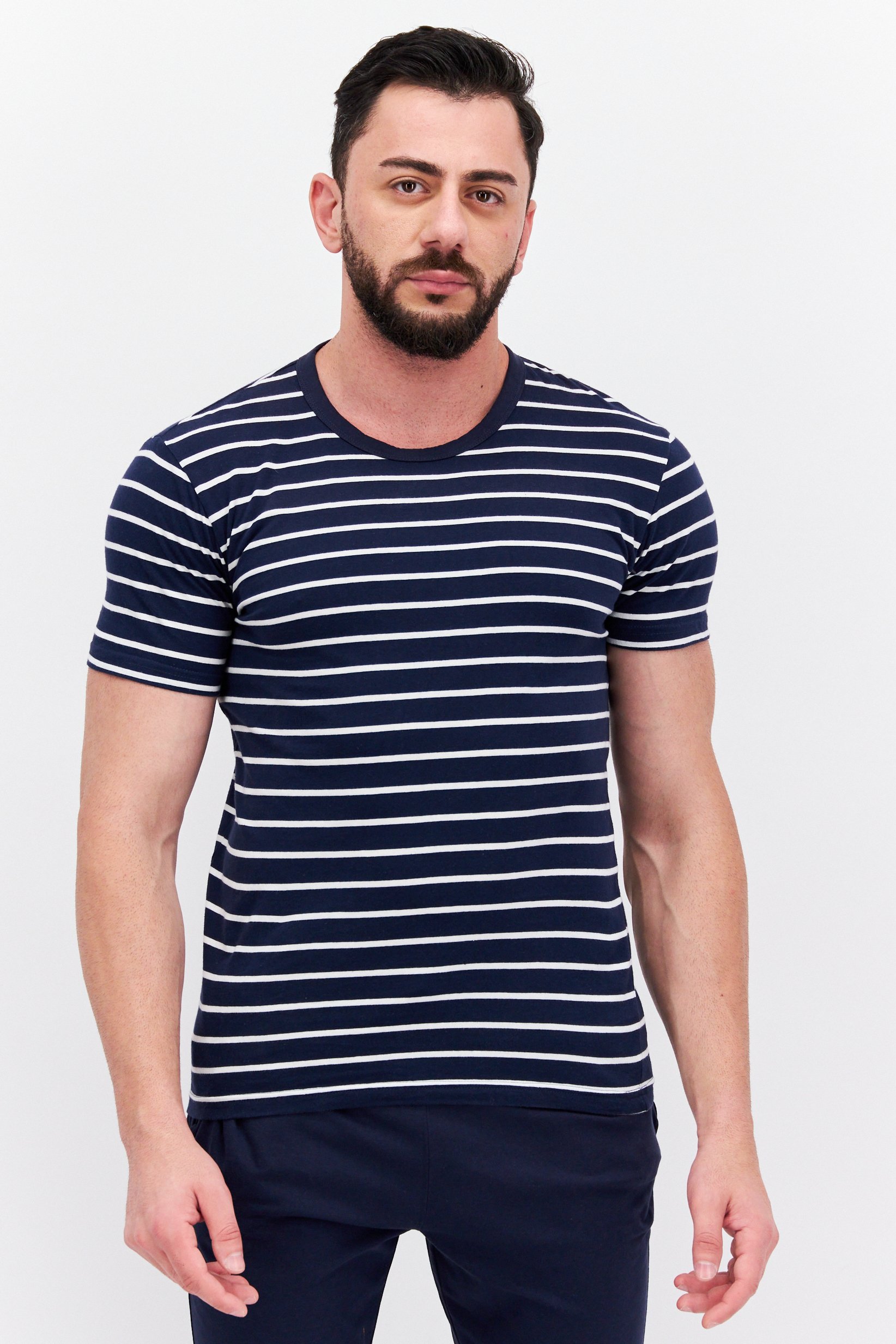 Men 2 Piece Stripe T-Shirt And Solid Pajama Sleepwear, Navy/White