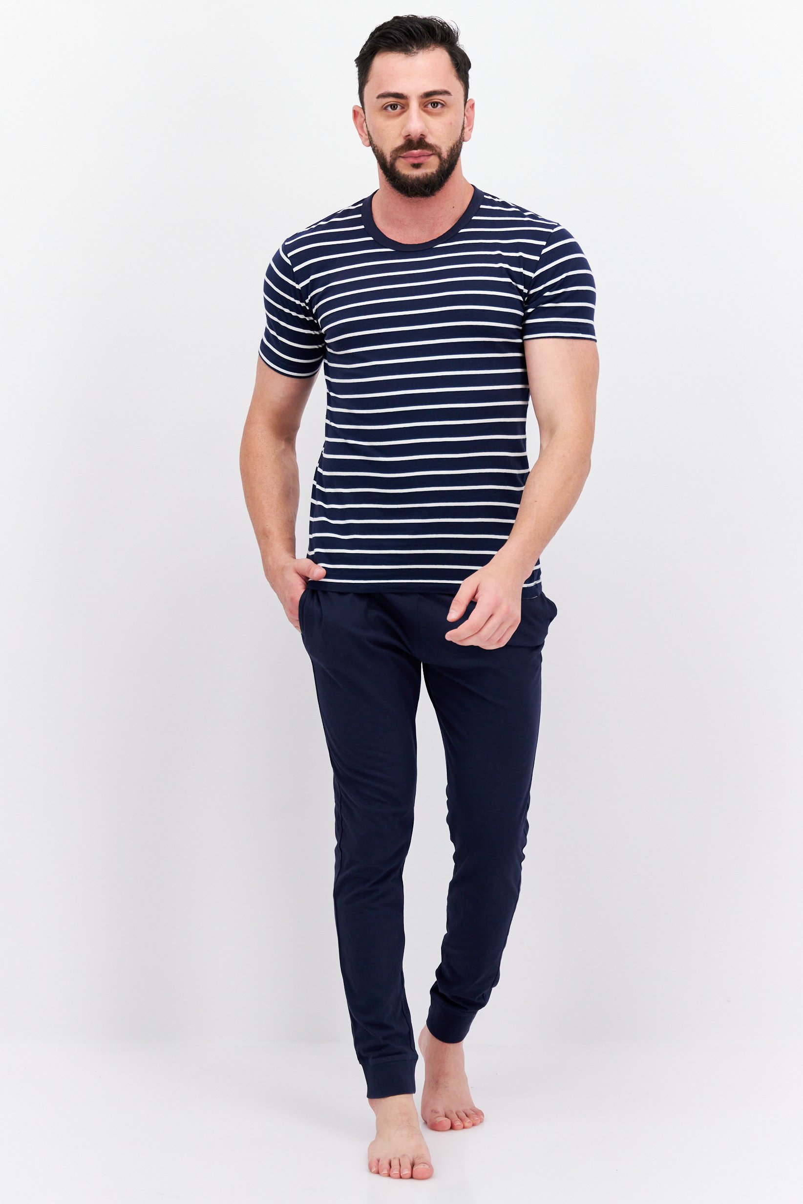 Men 2 Piece Stripe T-Shirt And Solid Pajama Sleepwear, Navy/White