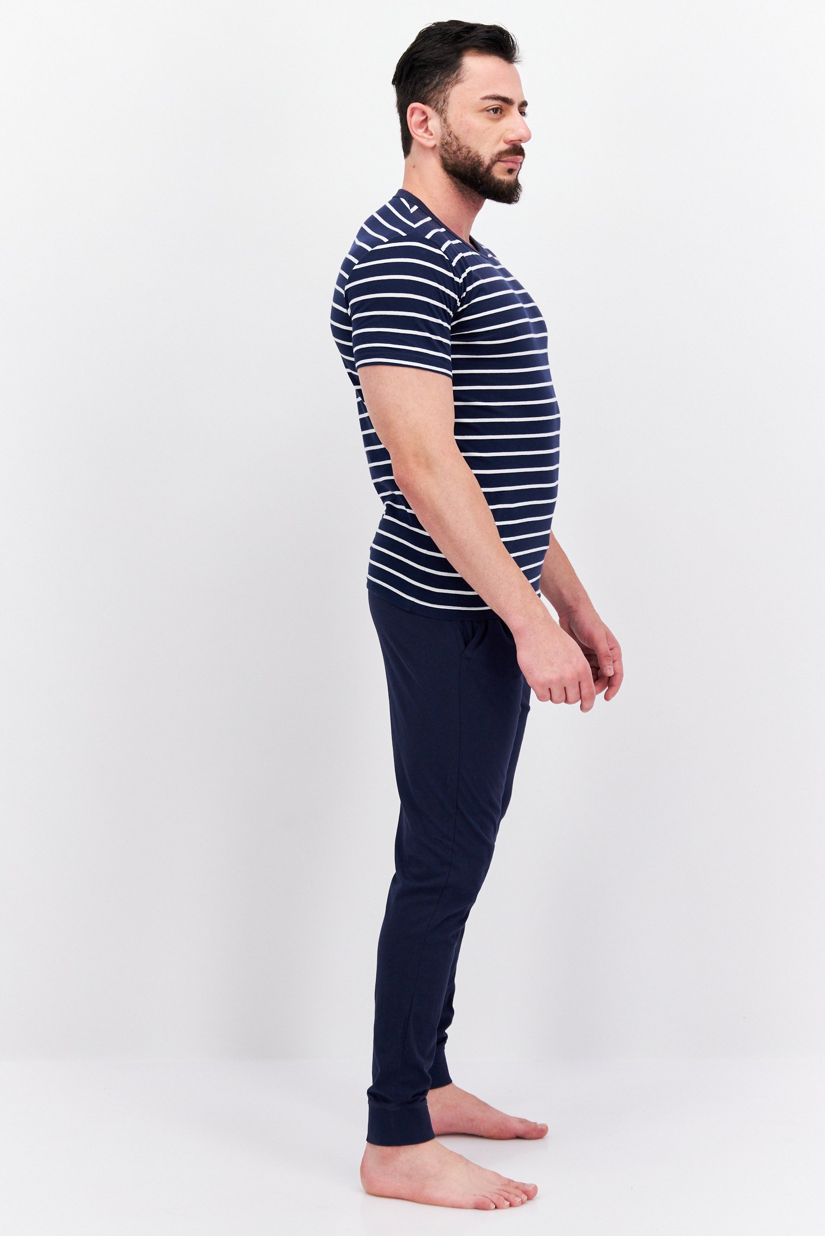 Men 2 Piece Stripe T-Shirt And Solid Pajama Sleepwear, Navy/White