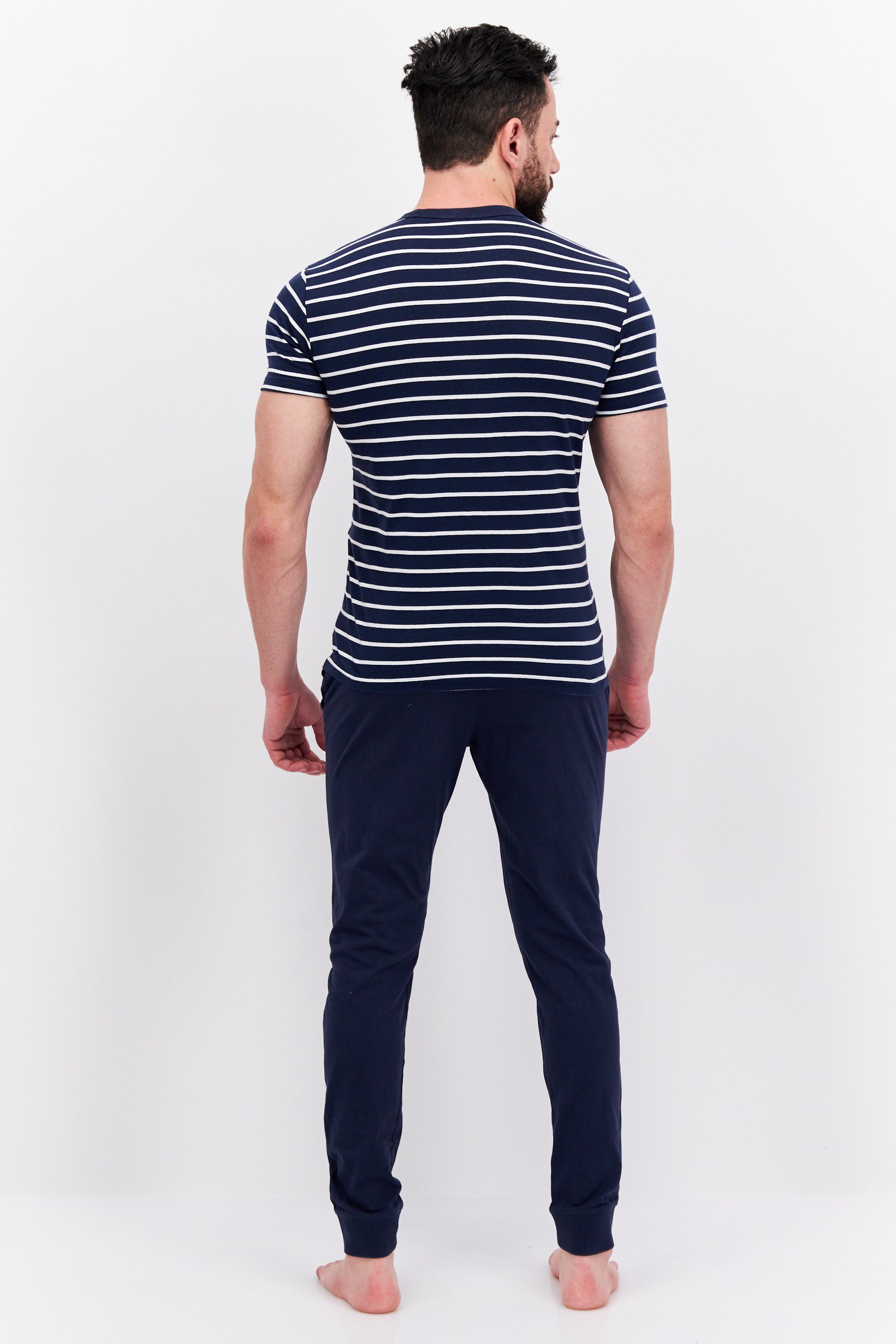Men 2 Piece Stripe T-Shirt And Solid Pajama Sleepwear, Navy/White