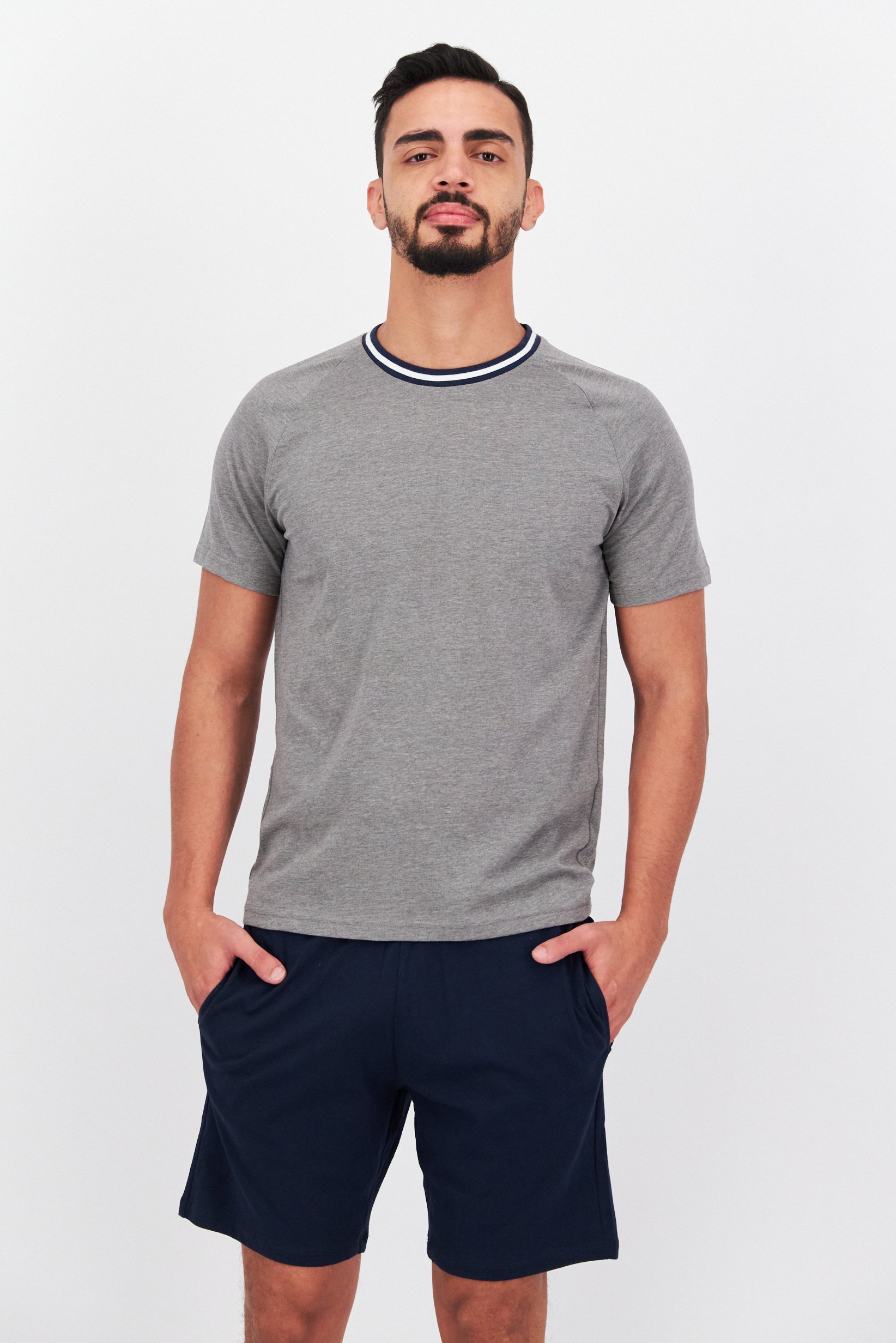 Men 2 Pcs Heather Top And Bottom Pajama Set, Grey/Navy