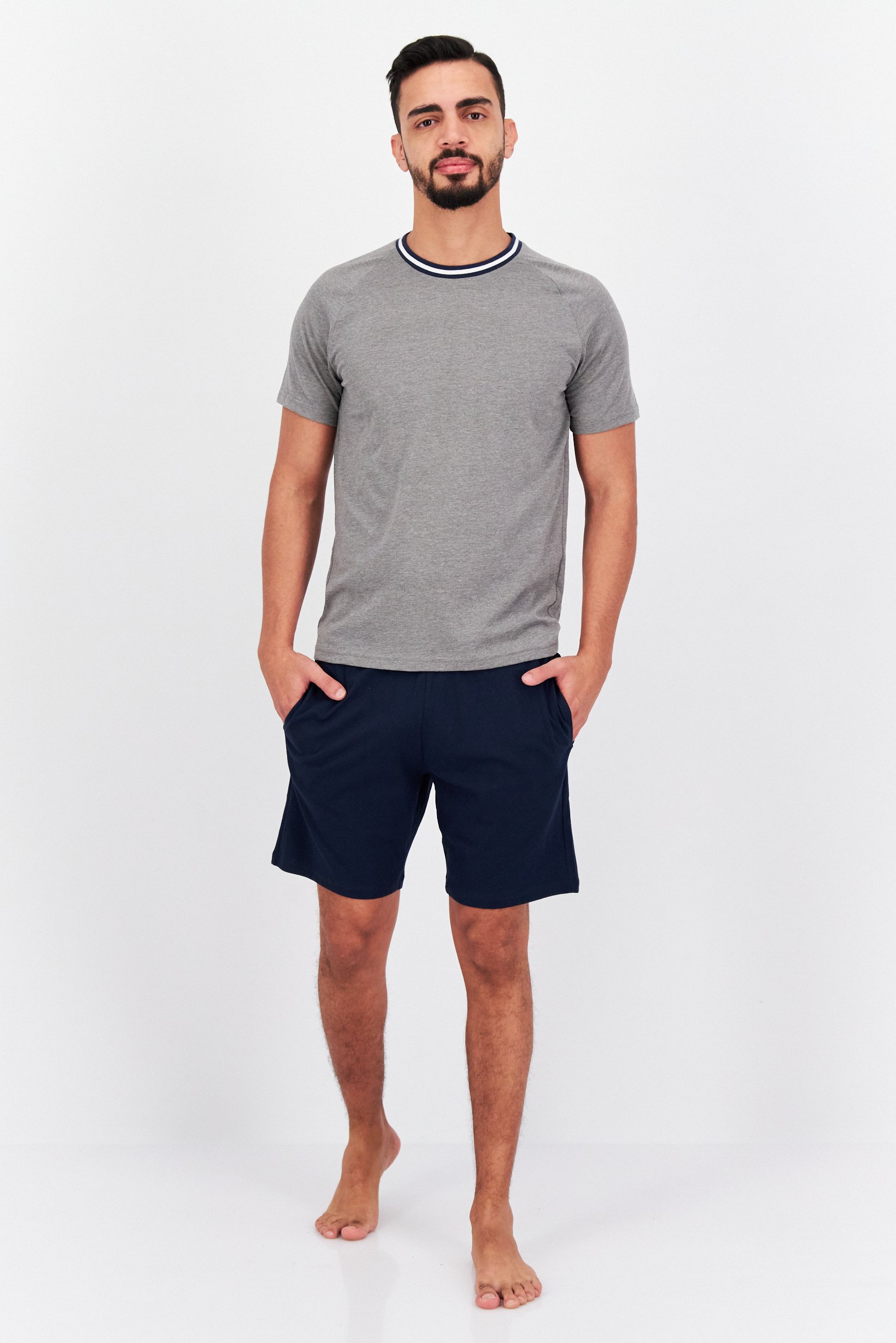 Men 2 Pcs Heather Top And Bottom Pajama Set, Grey/Navy