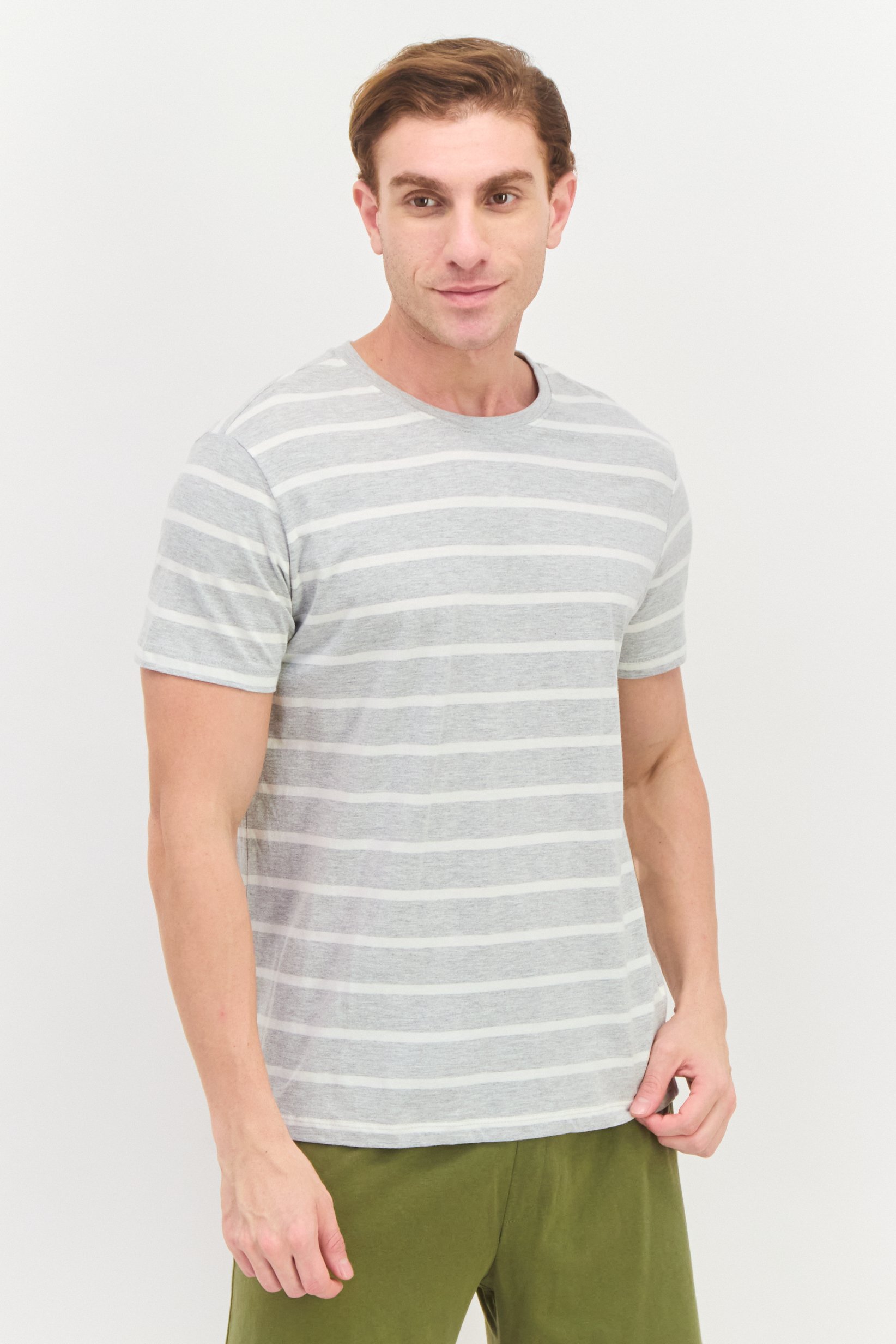 Men 2 Piece Stripe Short Sleeve T-Shirt And Drawstring Short Set, Grey/Olive