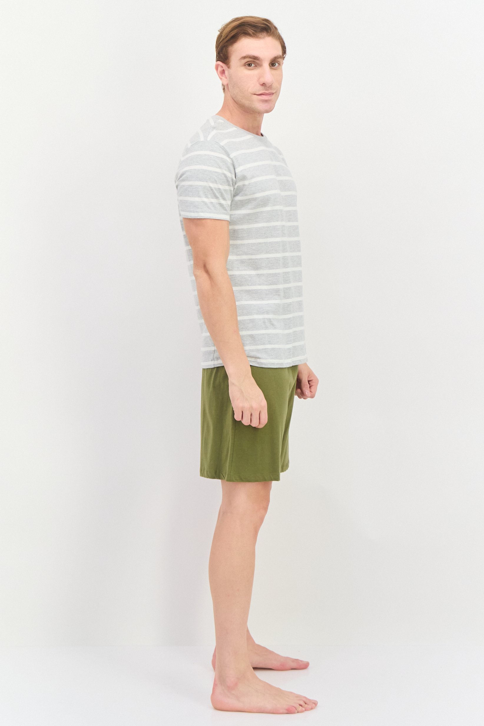 Men 2 Piece Stripe Short Sleeve T-Shirt And Drawstring Short Set, Grey/Olive