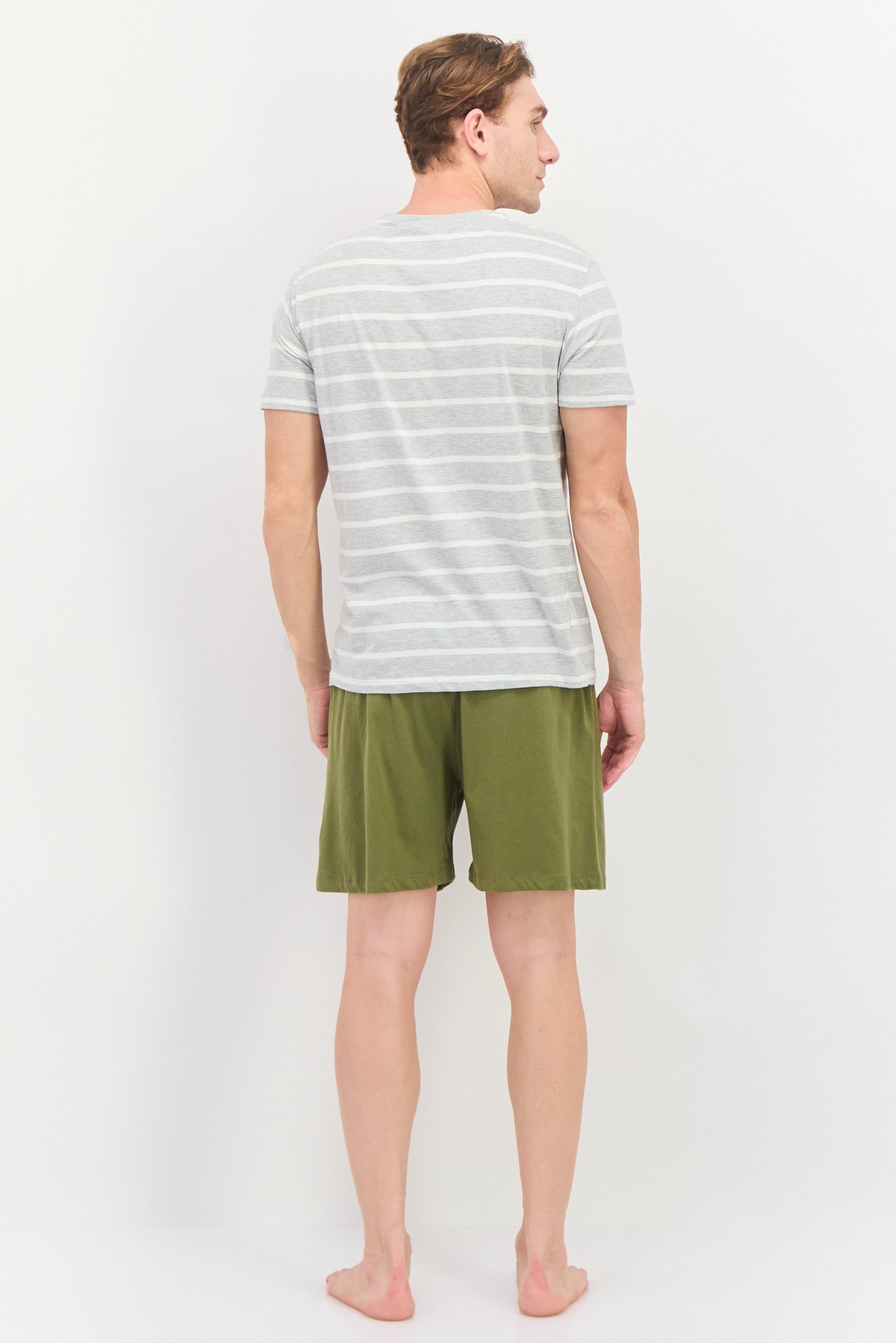 Men 2 Piece Stripe Short Sleeve T-Shirt And Drawstring Short Set, Grey/Olive