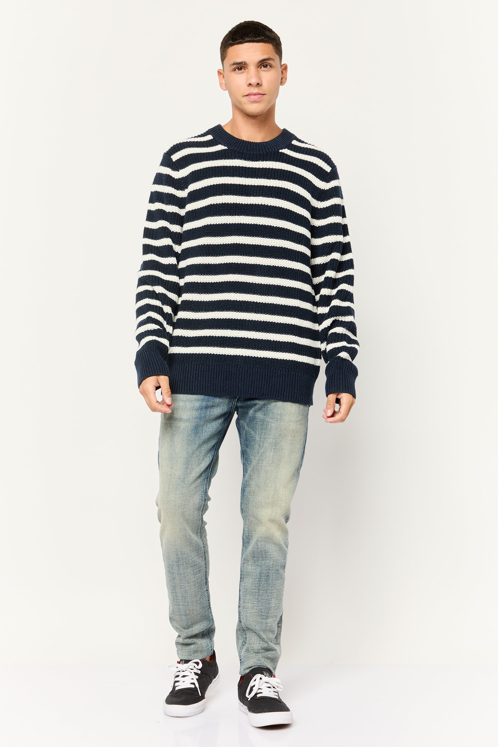 Men Crew Neck Stripe Long Sleeves Sweatshirt, Navy Blue