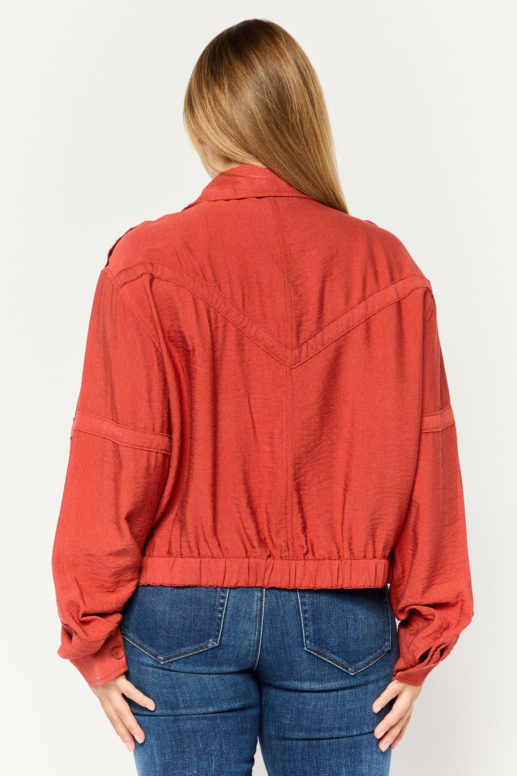 Women Plain Full Zip Shirt Jacket, Rust Red