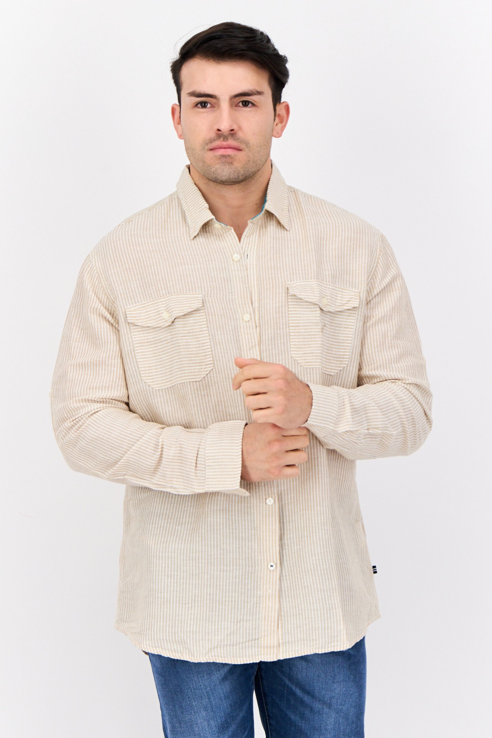 Men Classic Fit Stripe Long Sleeve Casual Shirt, White/Tan