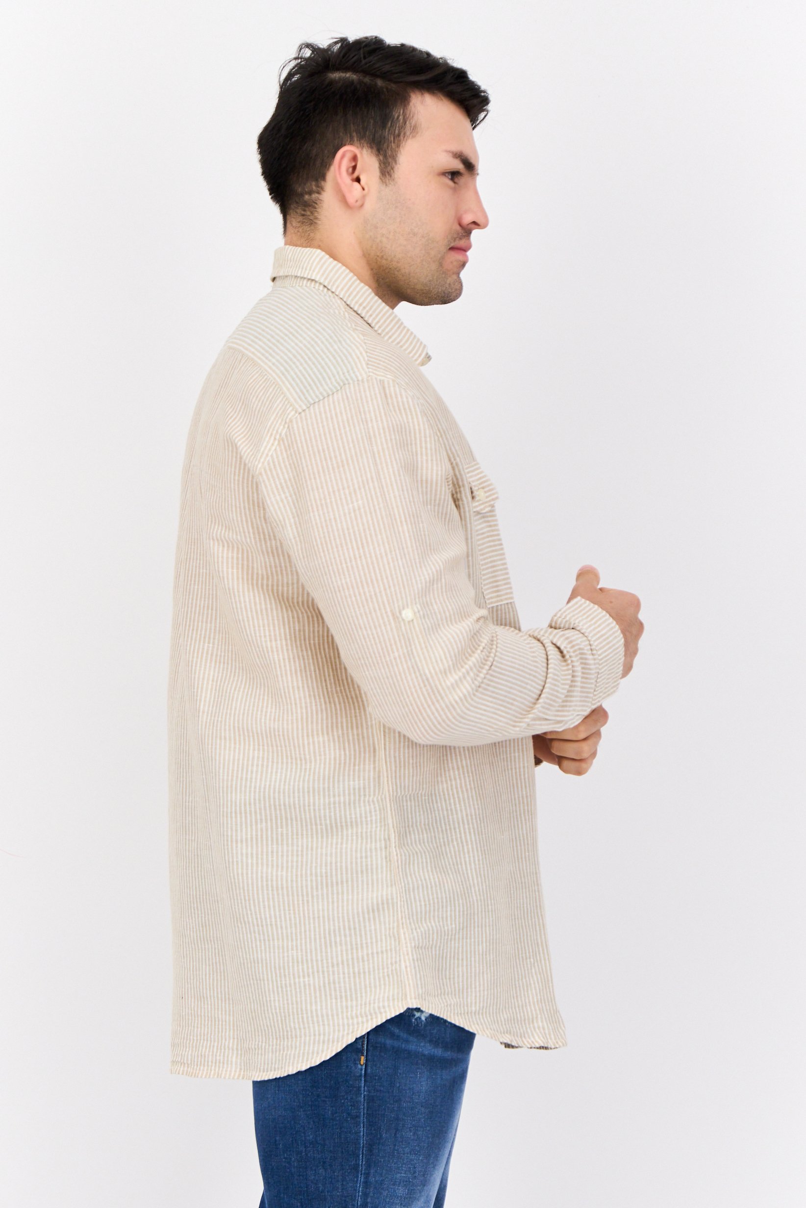 Men Classic Fit Stripe Long Sleeve Casual Shirt, White/Tan