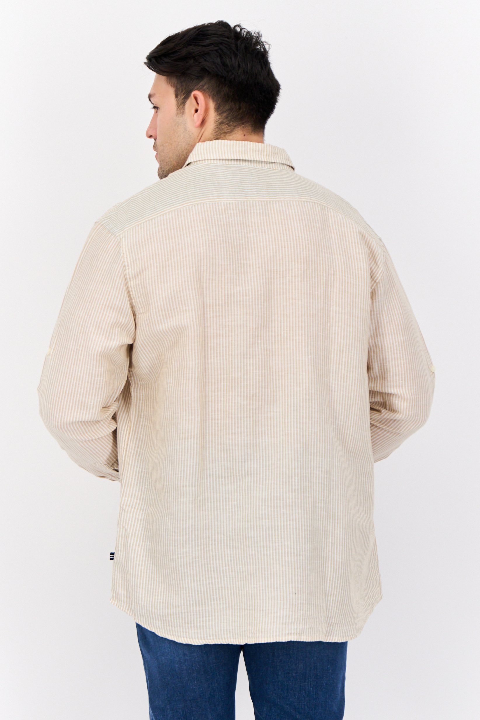 Men Classic Fit Stripe Long Sleeve Casual Shirt, White/Tan