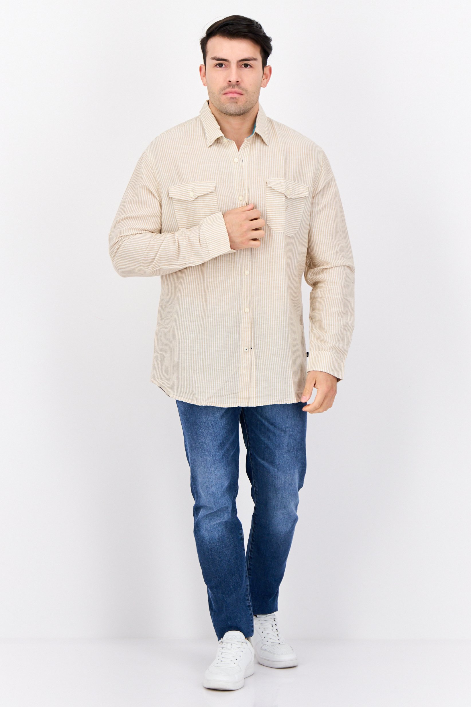 Men Classic Fit Stripe Long Sleeve Casual Shirt, White/Tan