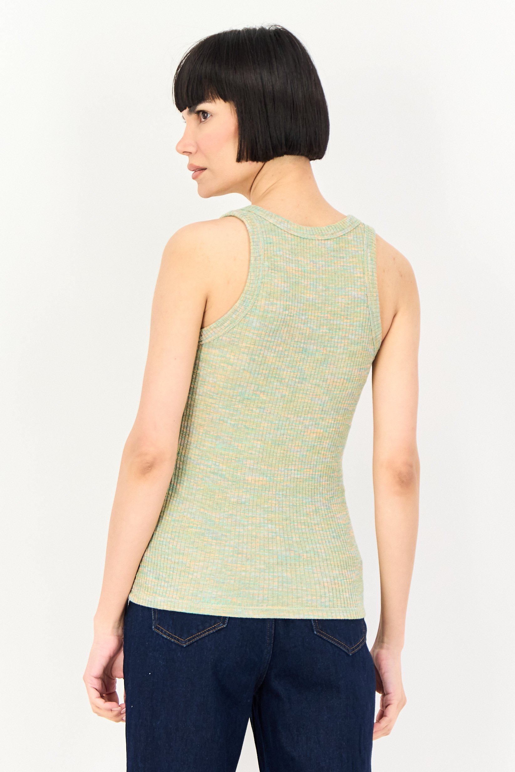 Women Crew Neck Ribbed Sleeveless Tank Top, Multicolor