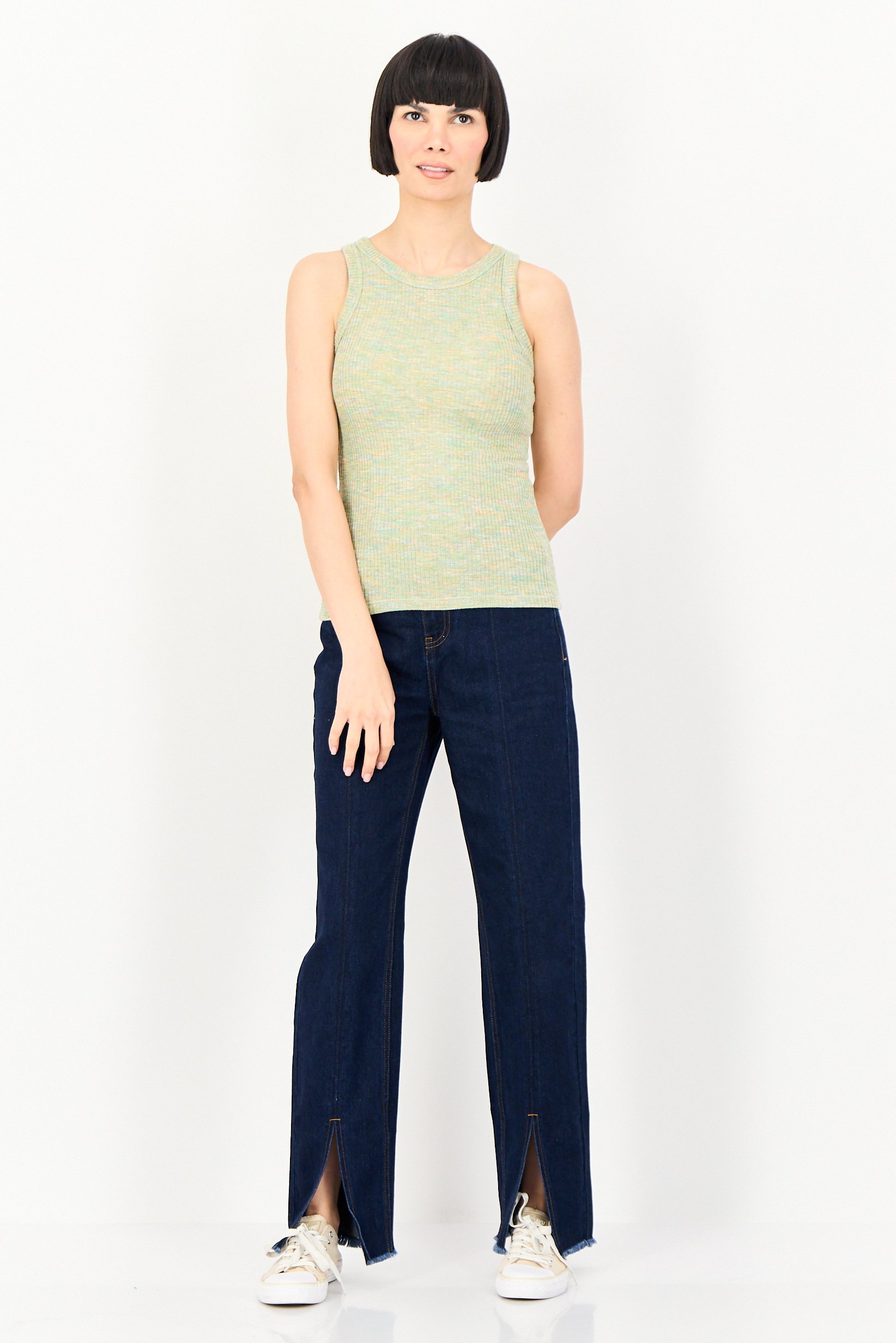 Women Crew Neck Ribbed Sleeveless Tank Top, Multicolor
