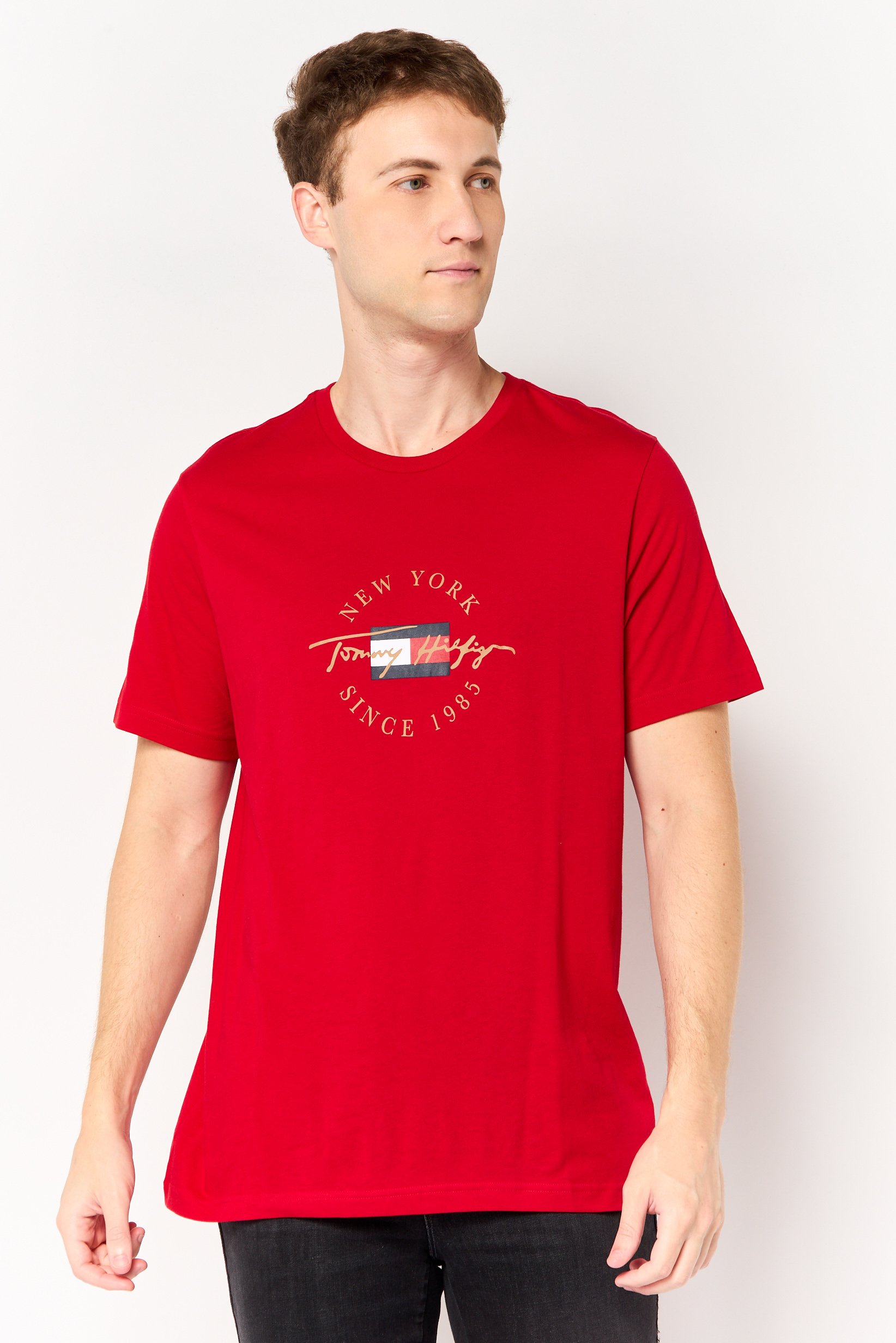 Men Crew Neck Short Sleeve Brand Logo T-Shirt, Red