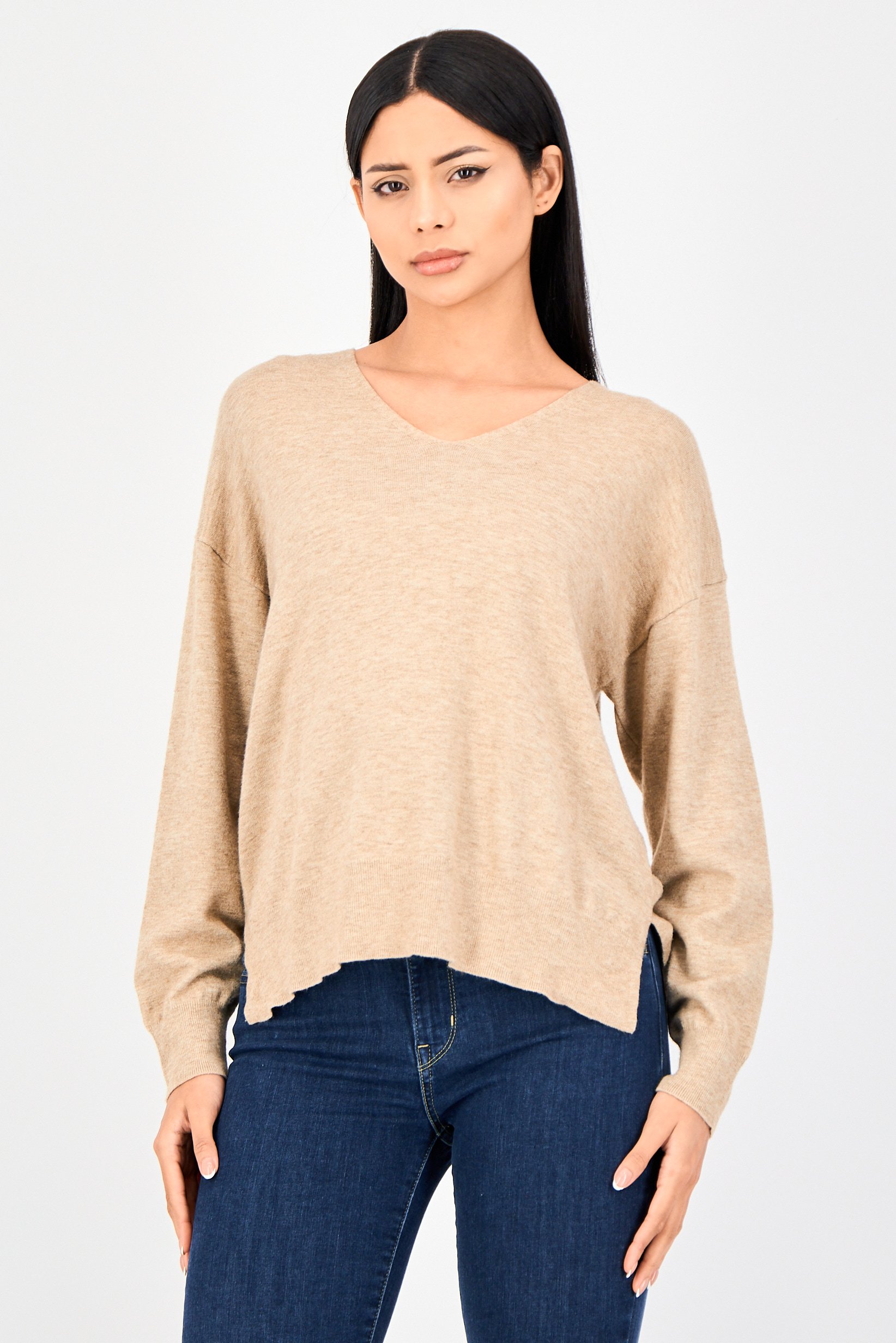 Women V Neck Heather Sweater,  Dark Beige
