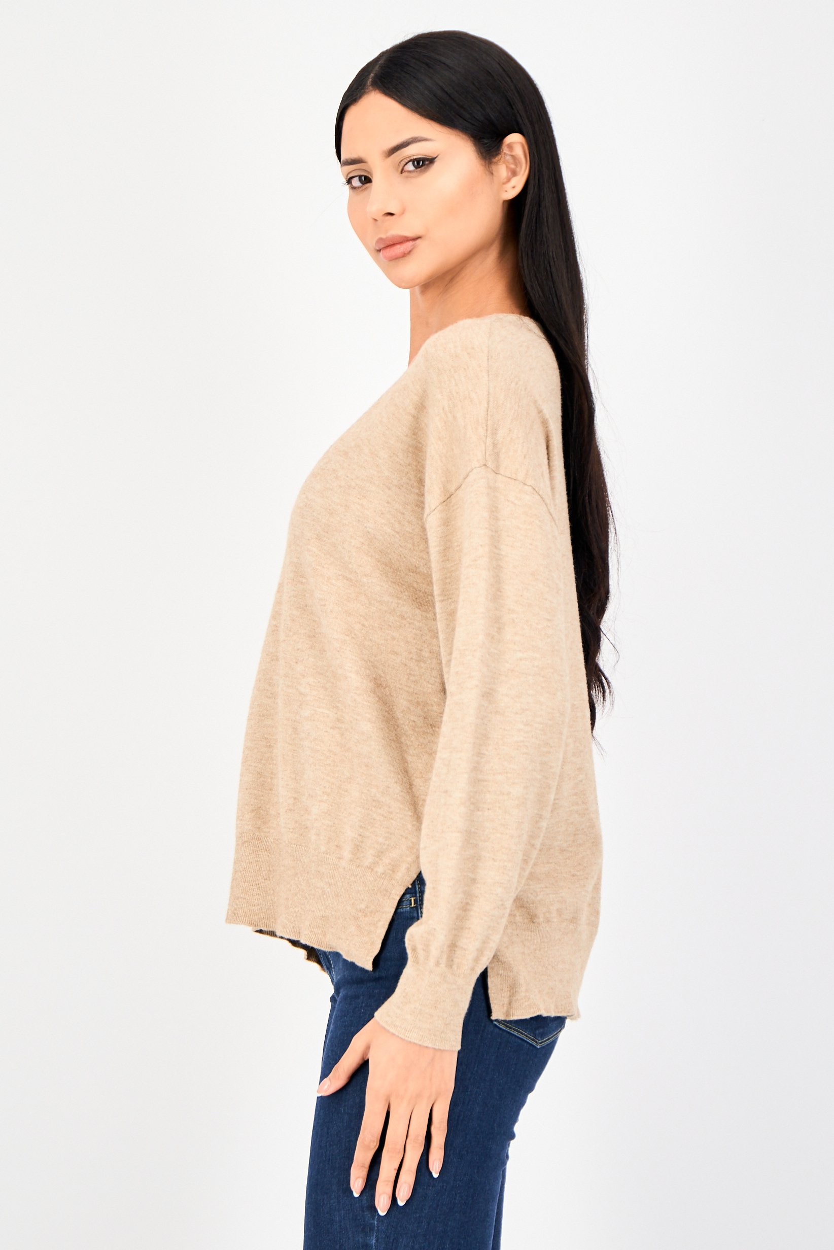 Women V Neck Heather Sweater,  Dark Beige
