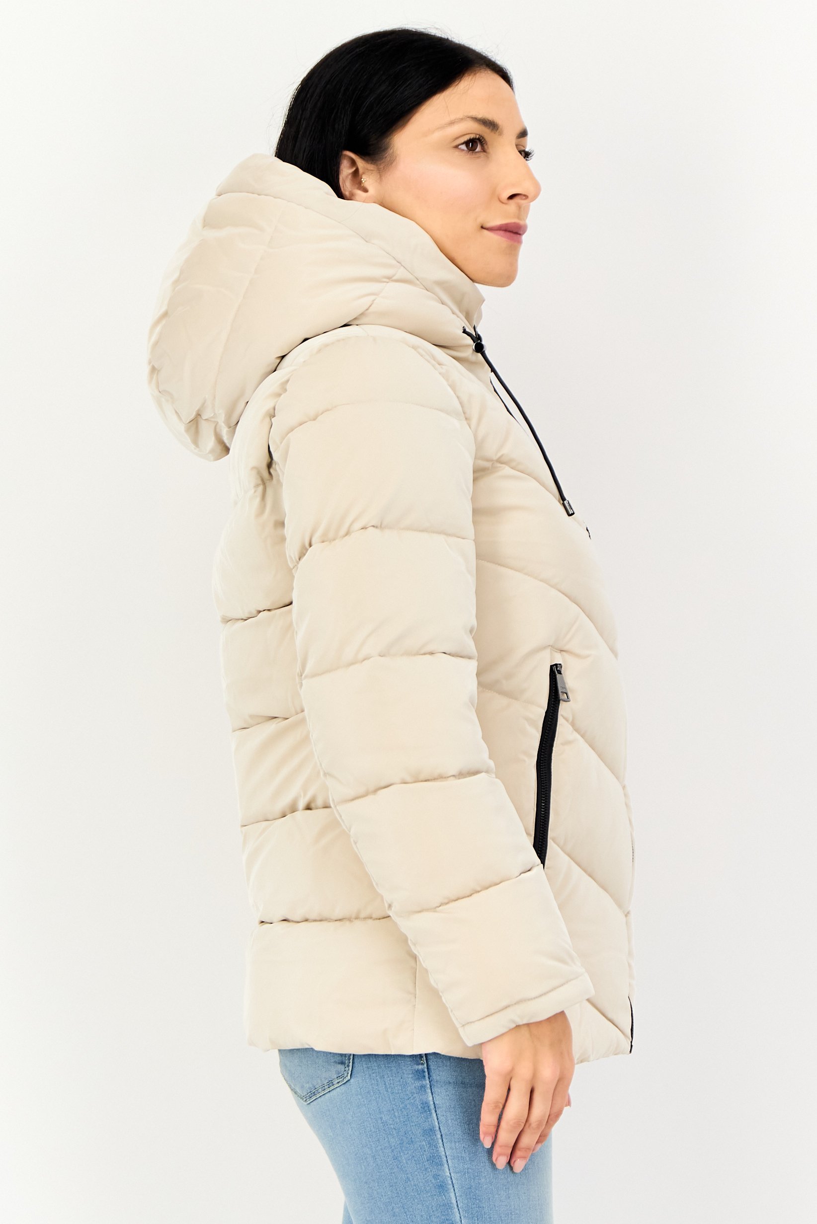 Women Quilted Puffer Jacket, Dark Beige