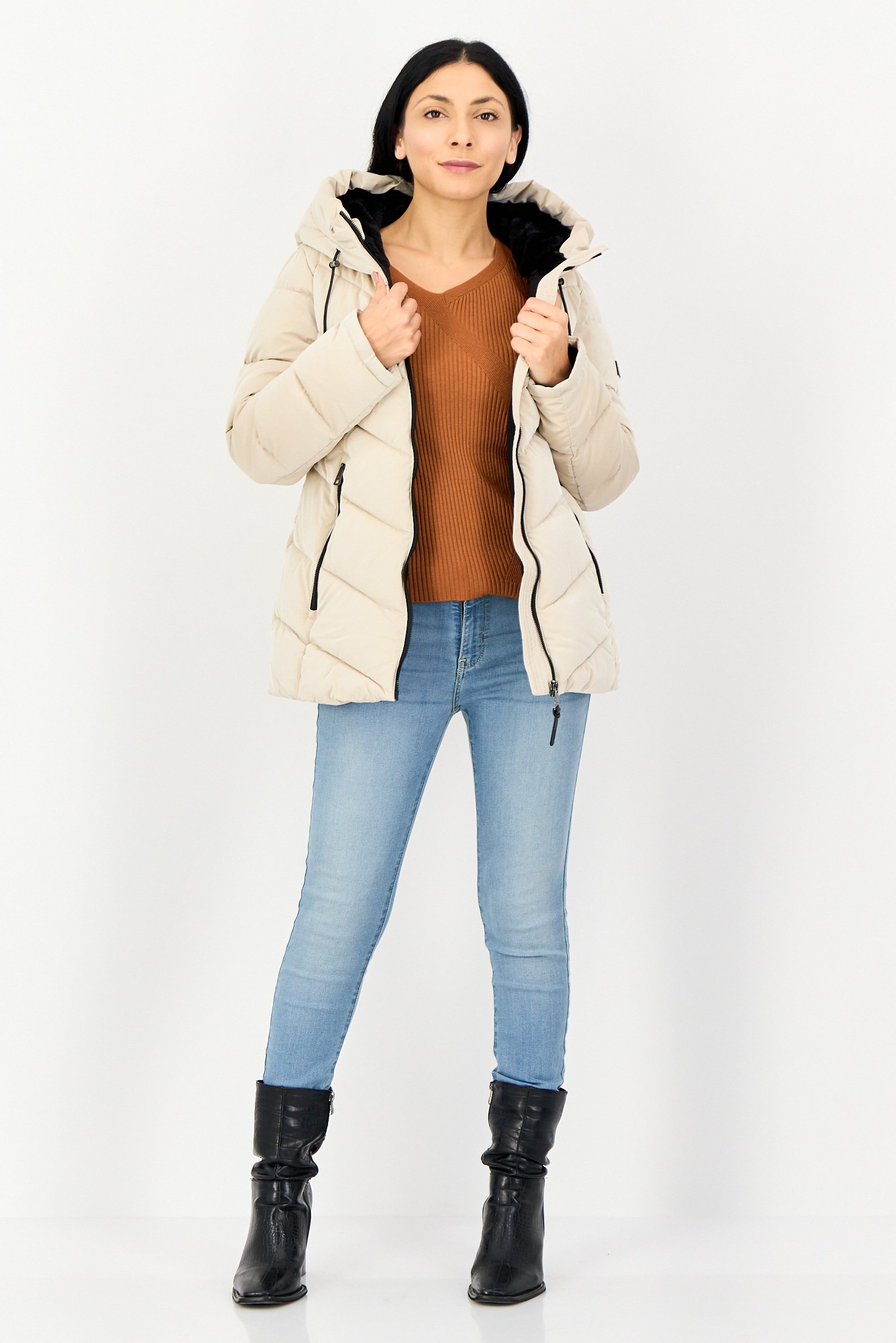 Women Quilted Puffer Jacket, Dark Beige